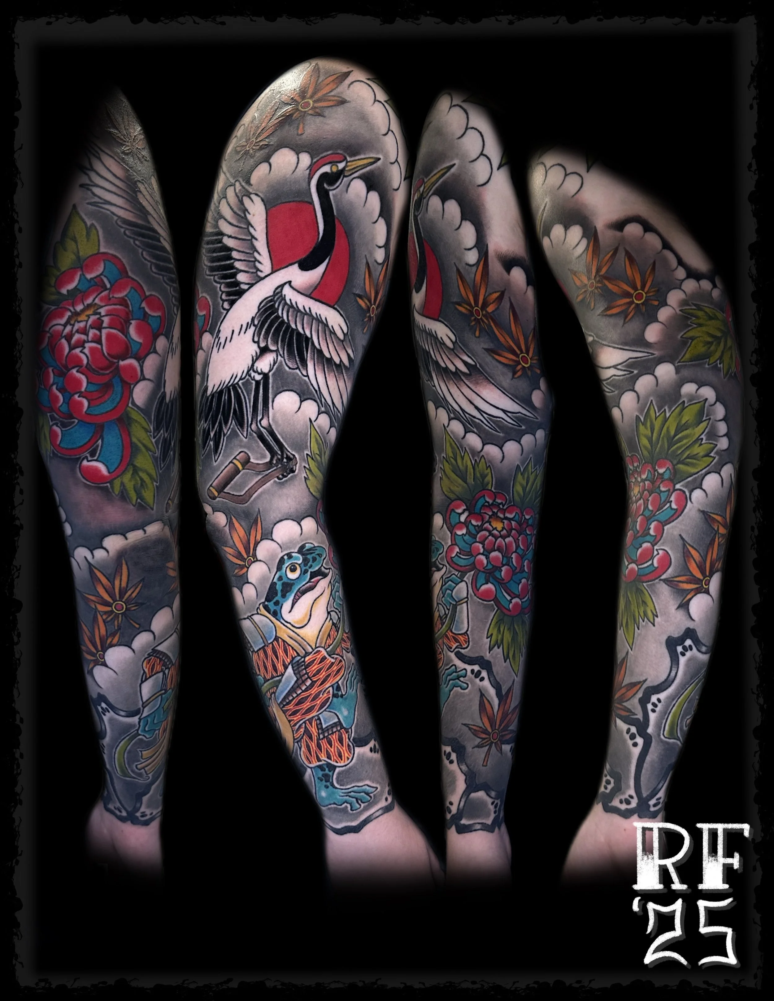 Japanese Crane and Frog Tattoo Sleeve by Rob Fehrman at Judgment Day Tattoo in Newport News, VA