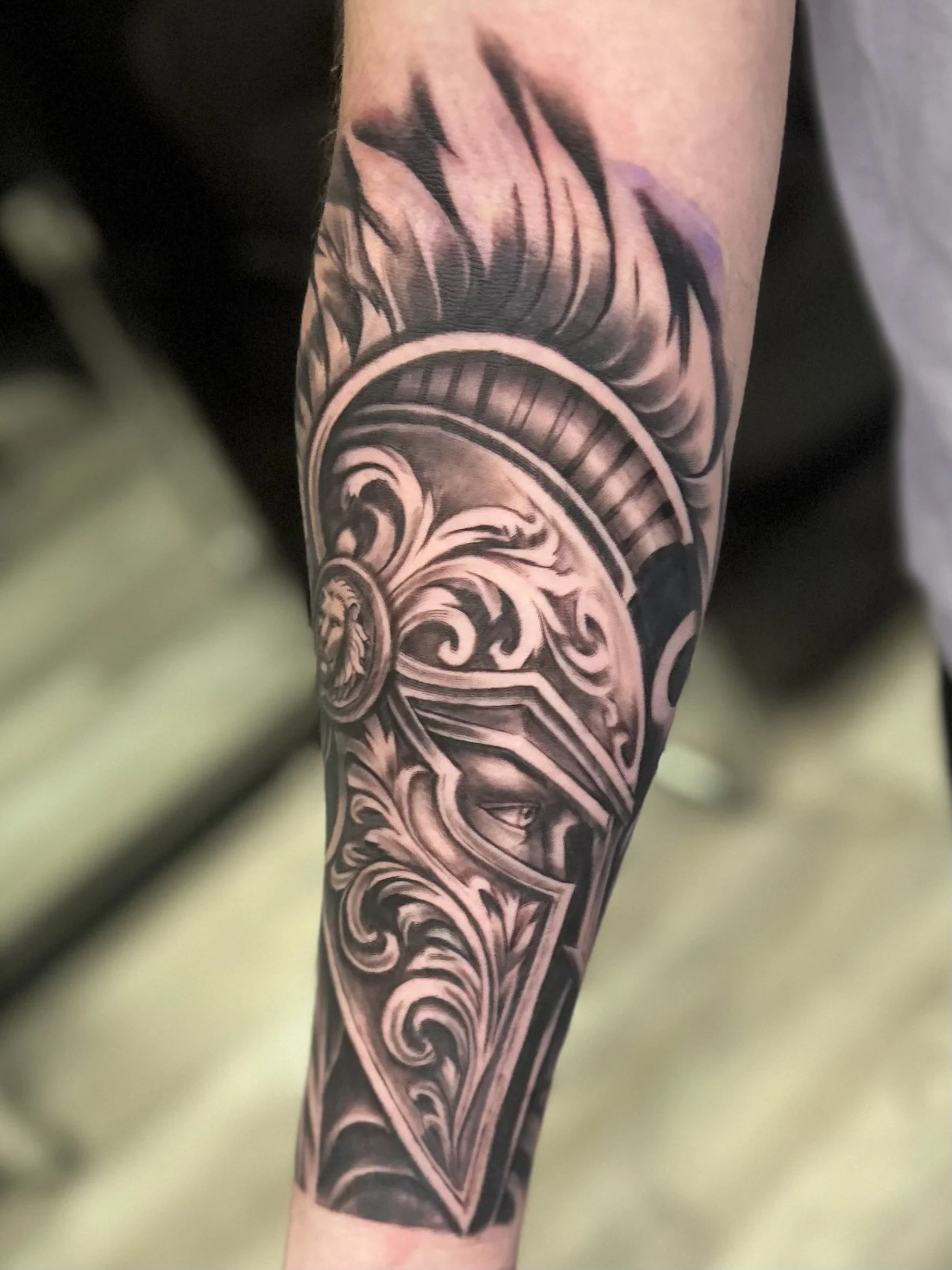 Warrior Helmet Tattoo by Mike Raya at Judgment Day Tattoo in Fort Eustis, VA