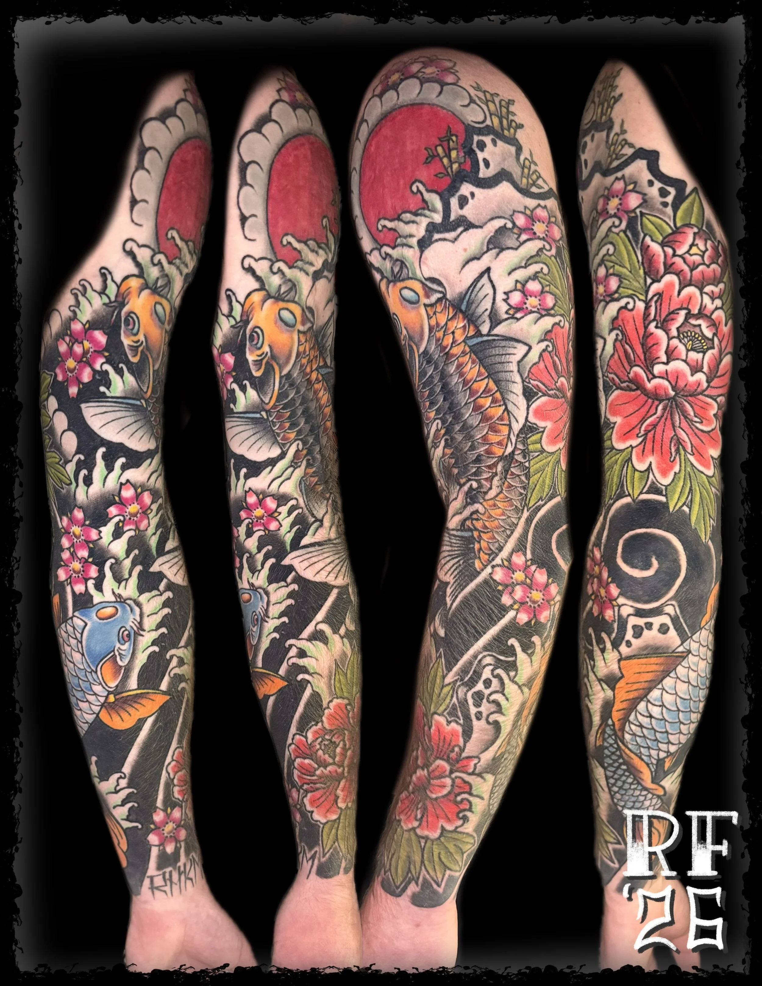 Japanese Koi Fish Tattoo Sleeve, Skin Graft Coverup by Rob Fehrman at Judgment Day Tattoo in Newport News, VA