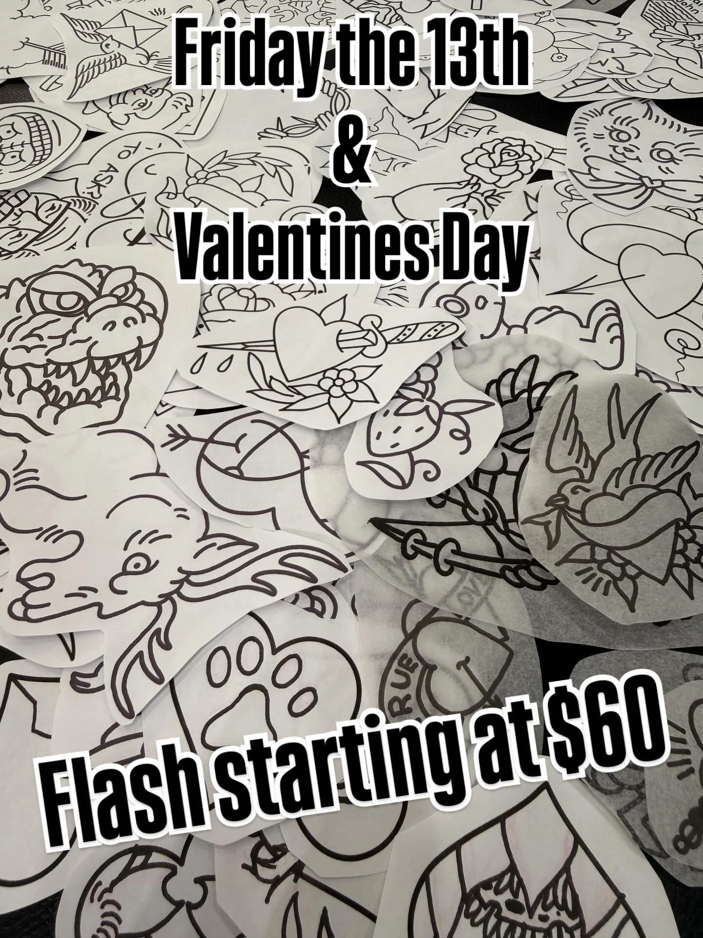 A little sample of some of the designs for the board as we&rsquo;re putting it all together. 👀

The flash event will run Friday the 13th and Saturday the 14th. We will have a ton of flash designs that we&rsquo;ve drawn specifically for this weekend 