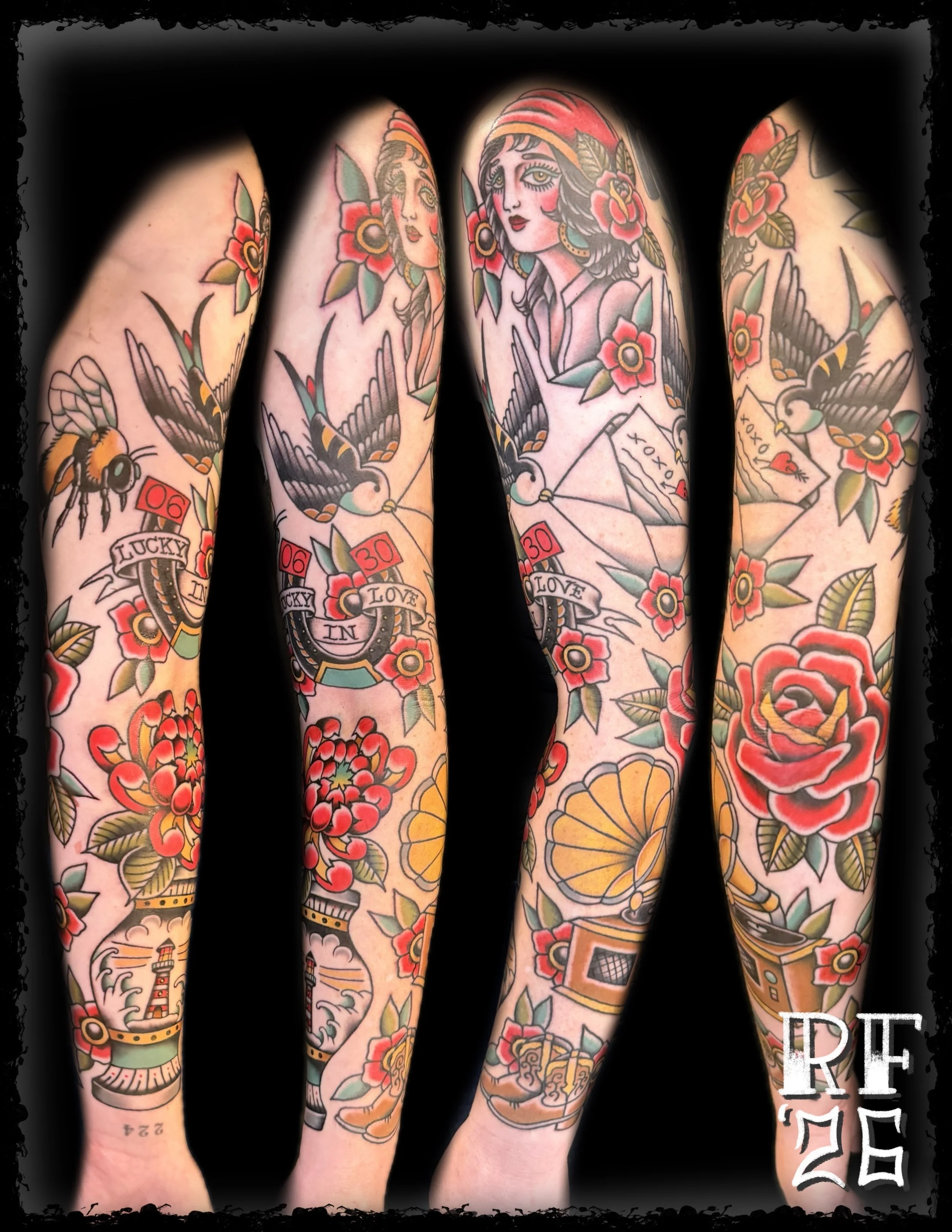 Traditional Tattoo Sleeve by Rob Fehrman at Judgment Day Tattoo in Newport News, VA