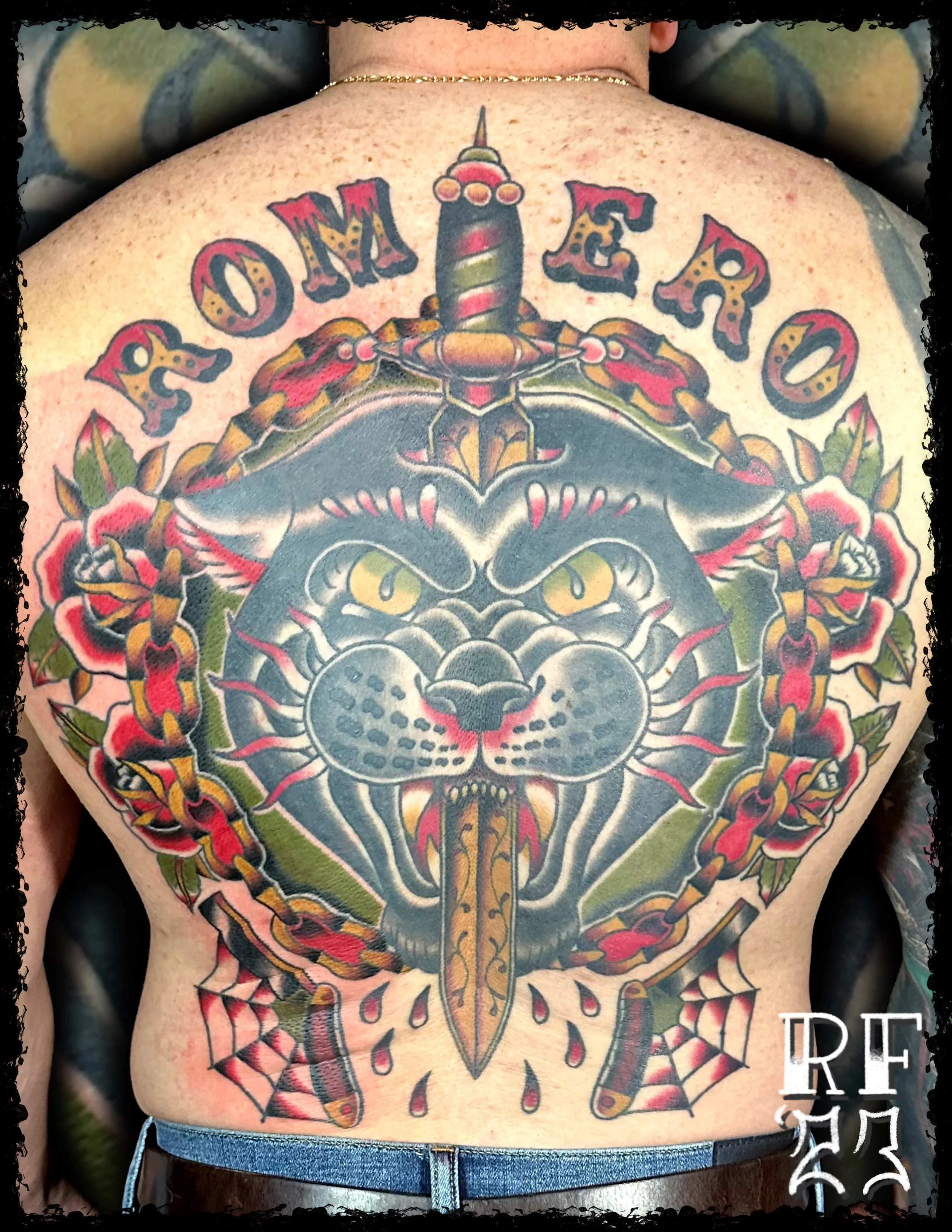 American Traditional Panther Head Back Piece Tattoo by Rob Fehrman at Judgment Day Tattoo in Newport News, VA