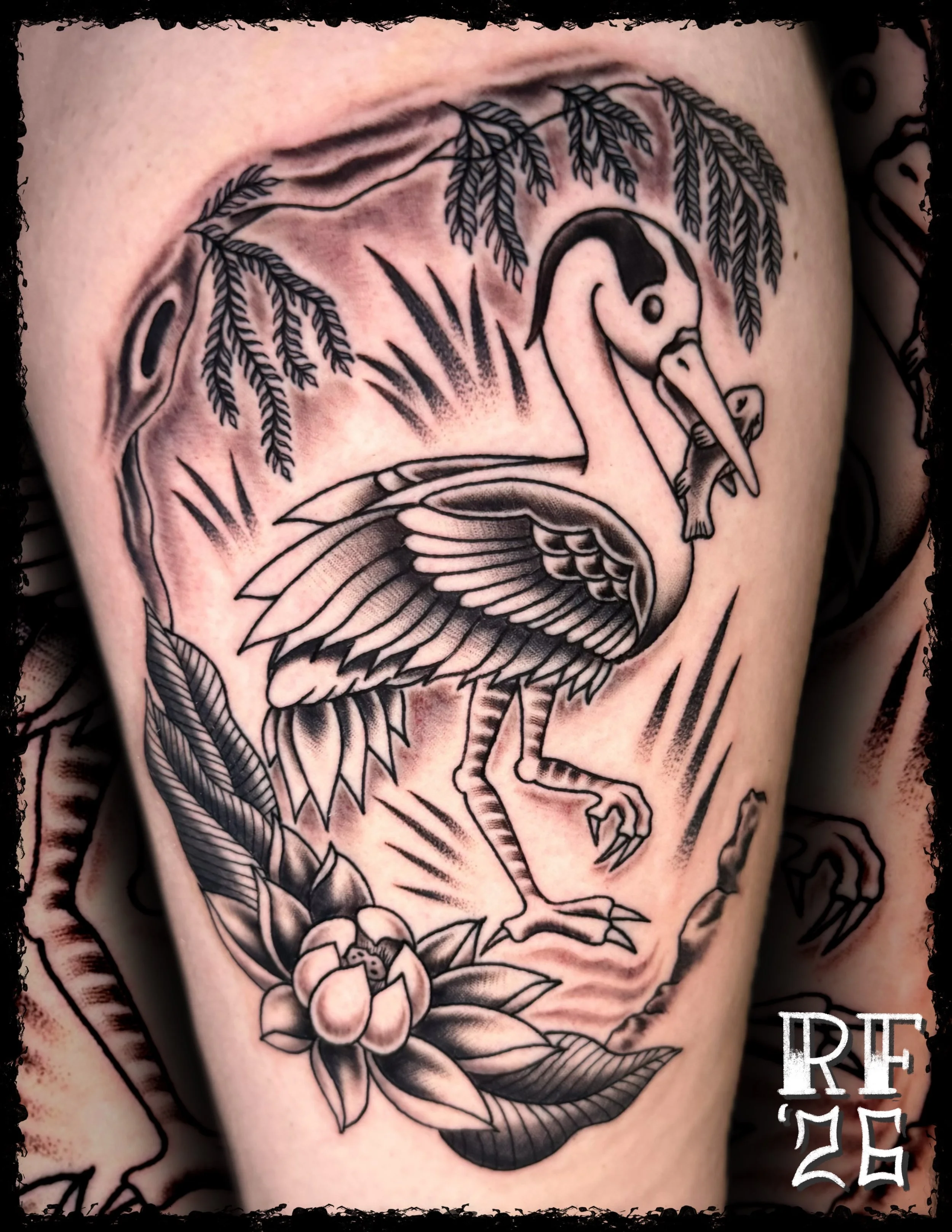 Traditional Black and Grey Heron Tattoo by Rob Fehrman at Judgment Day Tattoo in Newport News, VA