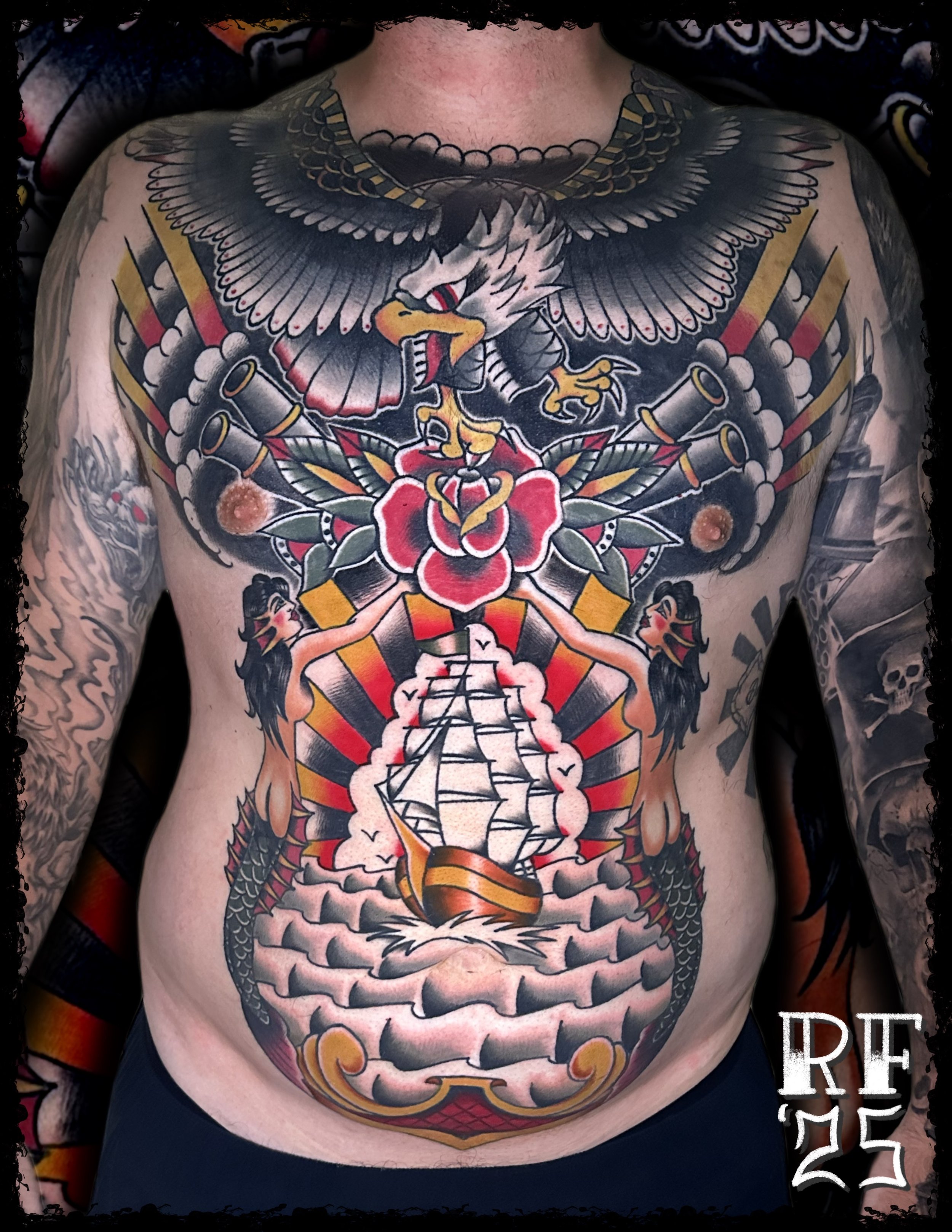 Nautical Traditional Tattoo Full Torso Piece by Rob Fehrman at Judgment Day Tattoo in Newport News, VA