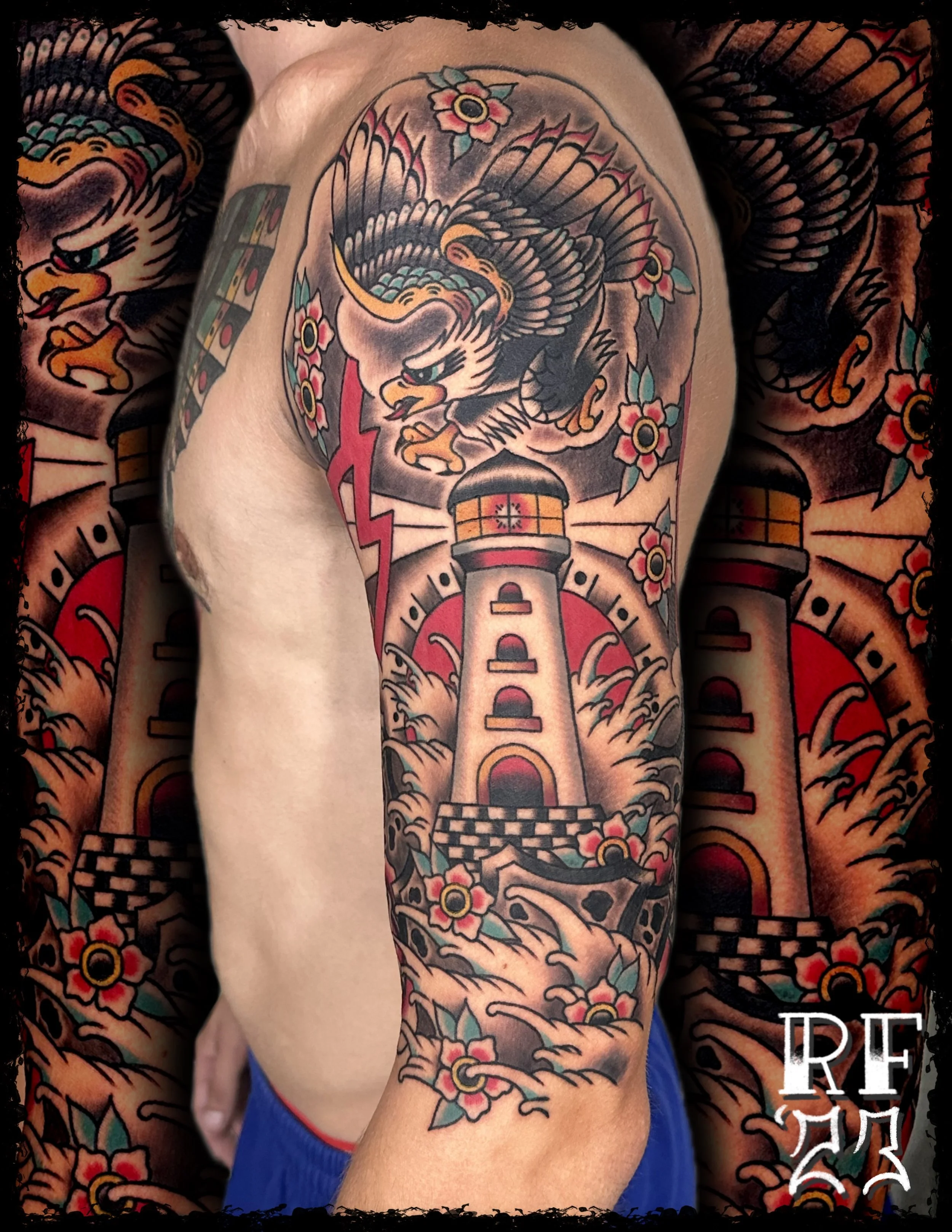 Traditional Tattoo Sleeve by Rob Fehrman at Judgment Day Tattoo in Newport News, VA