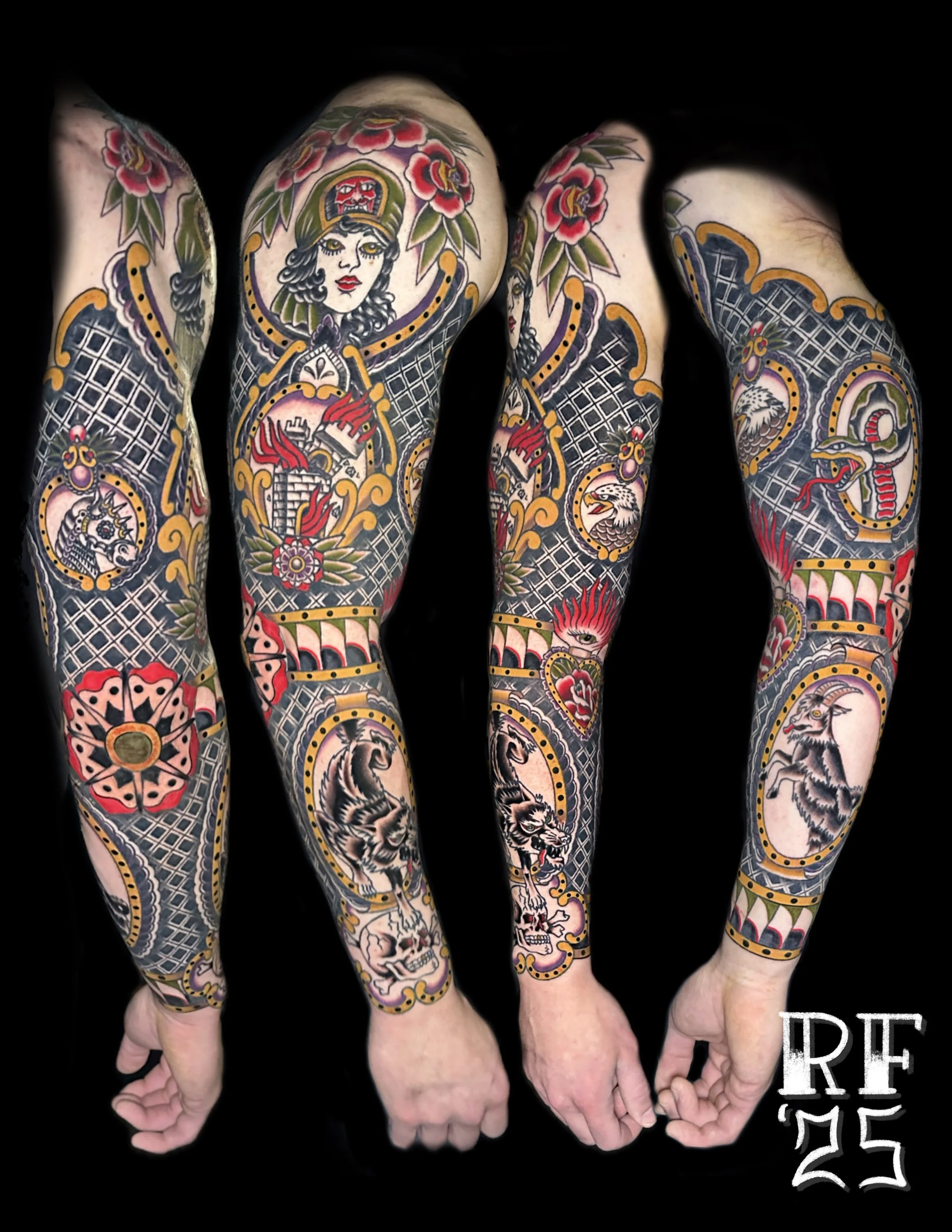 Framed American Traditional Sleeve by Rob Fehrman at Judgment Day Tattoo in Newport News, VA