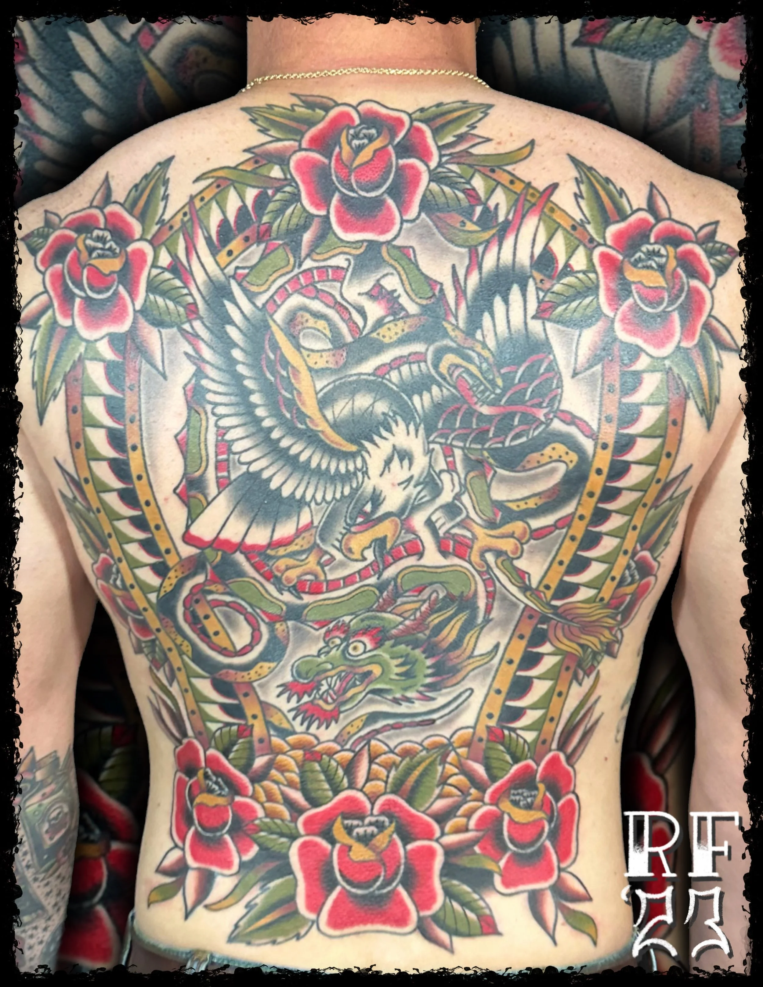 Battle Royale American Traditional Back Piece by Rob Fehrman at Judgment Day Tattoo in Newport News, VA