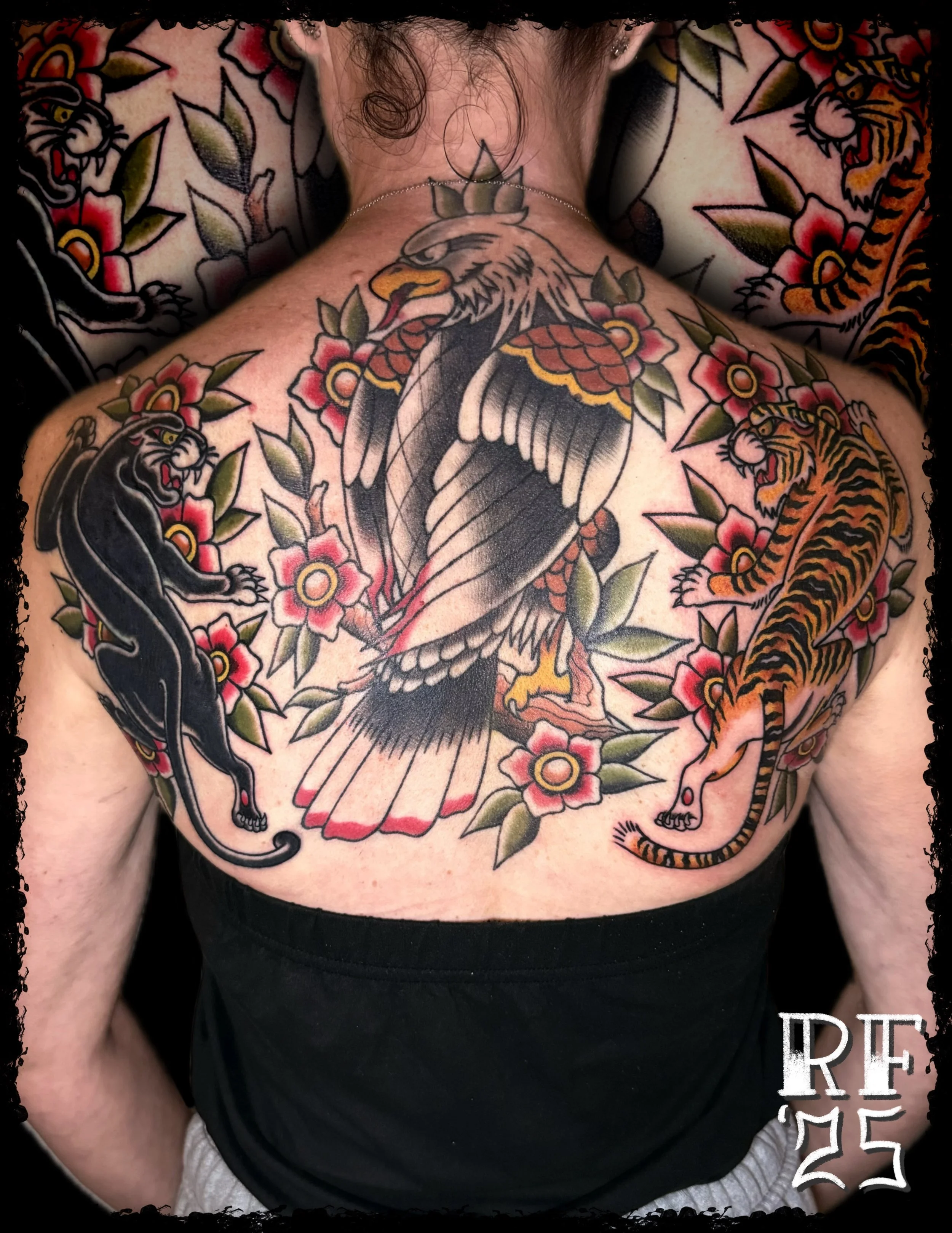 Traditional Eagle Tiger and Panther Back Piece Tattoo by Rob Fehrman at Judgment Day Tattoo in Newport News, VA