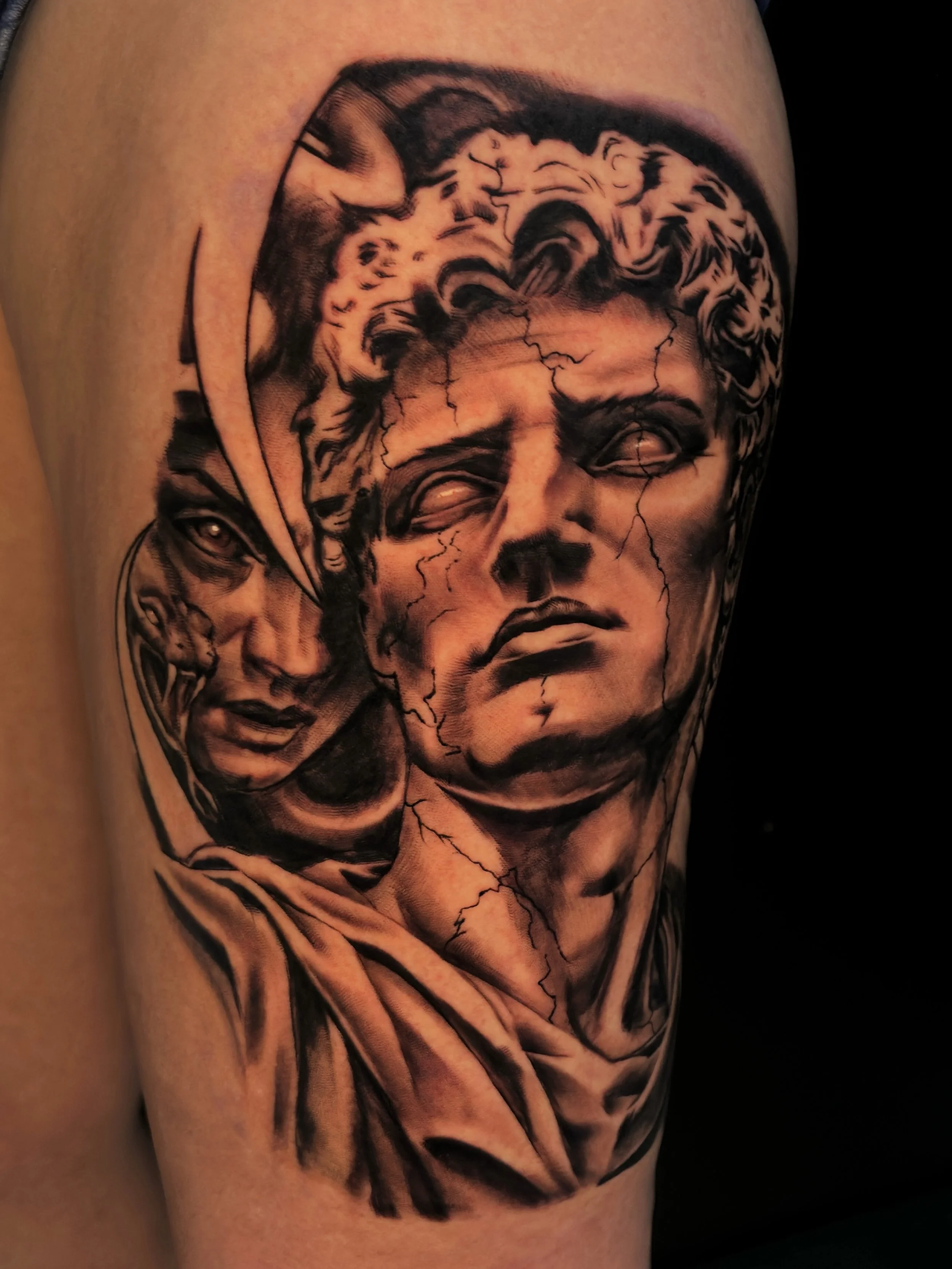 Statue Tattoo by Mike Raya at Judgment Day Tattoo in Fort Eustis, VA