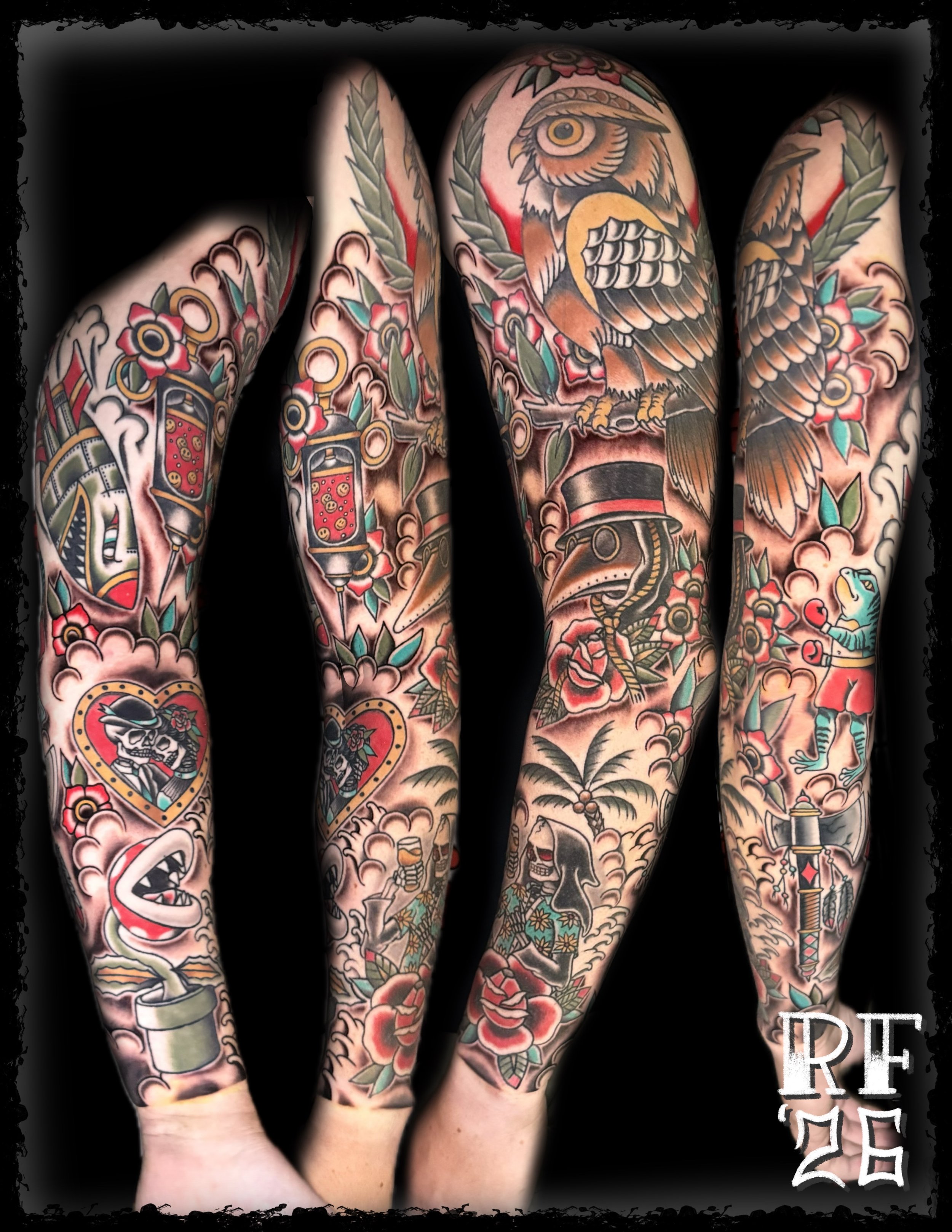 Traditional Tattoo sleeve by Rob Fehrman at Judgment Day Tattoo in Newport News, VA