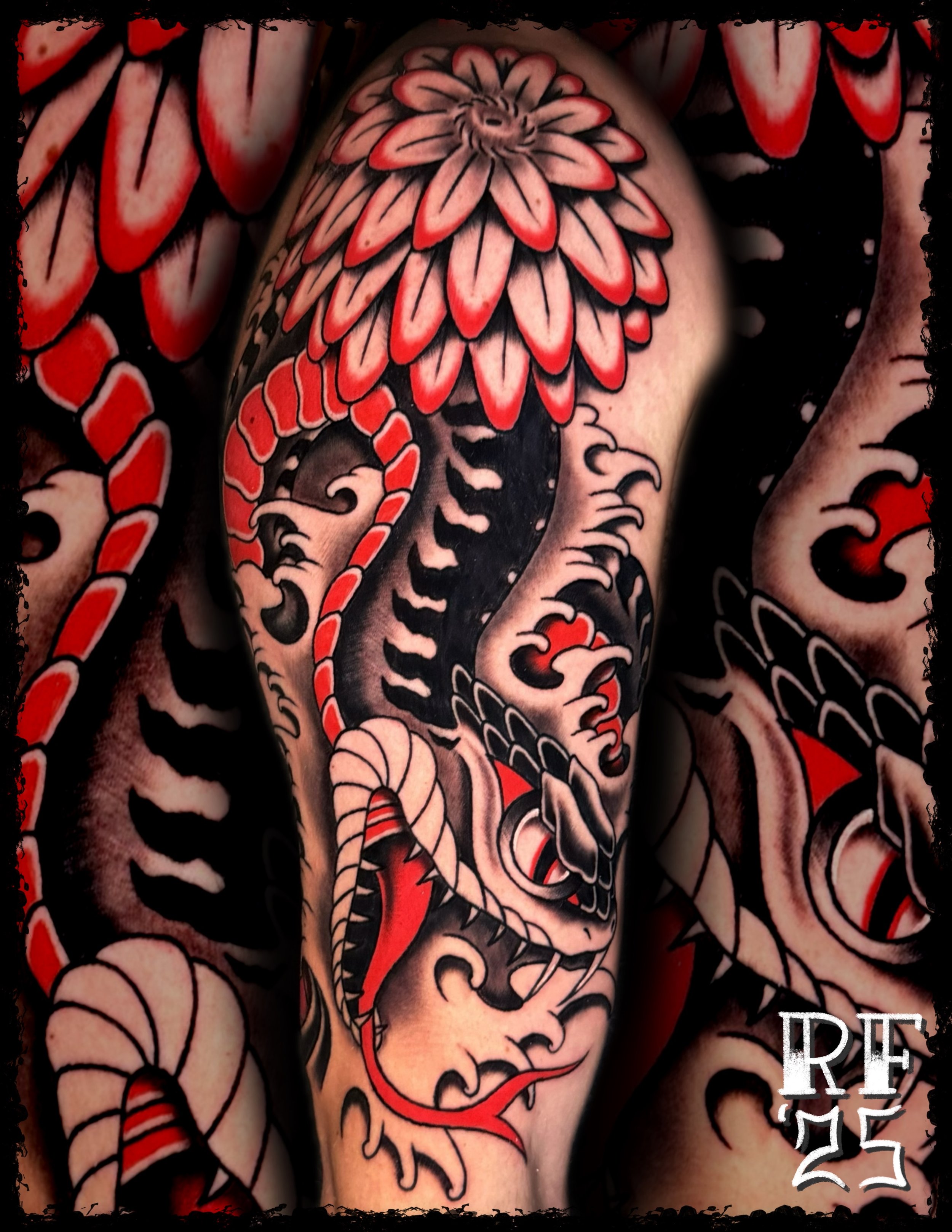 Japanese Snake Half Sleeve Tattoo by Rob Ferma at Judgment Day Tattoo in Newport News, Va