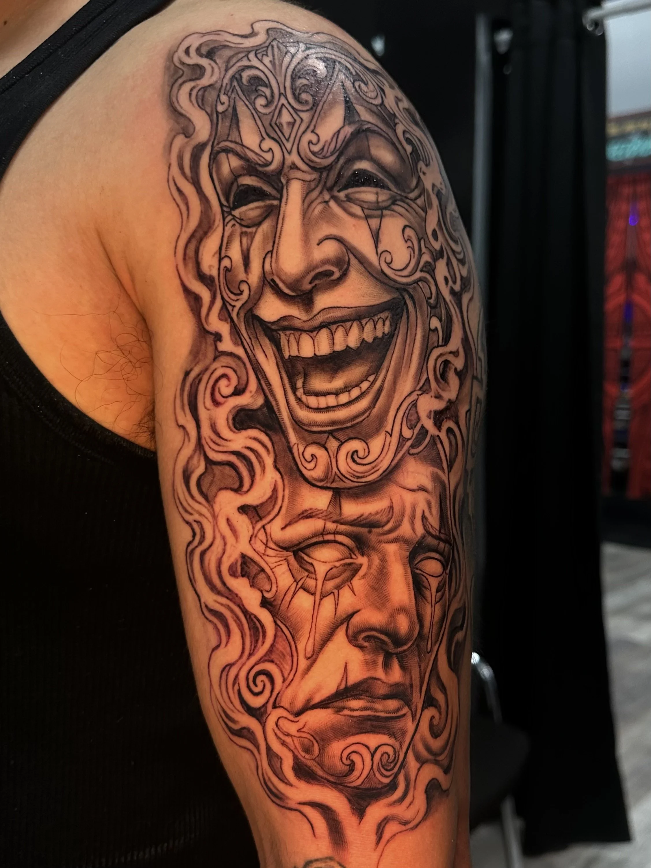 Laugh Now Cry Later by Mike Raya at Judgment Day Tattoo in Fort Eustis, VA