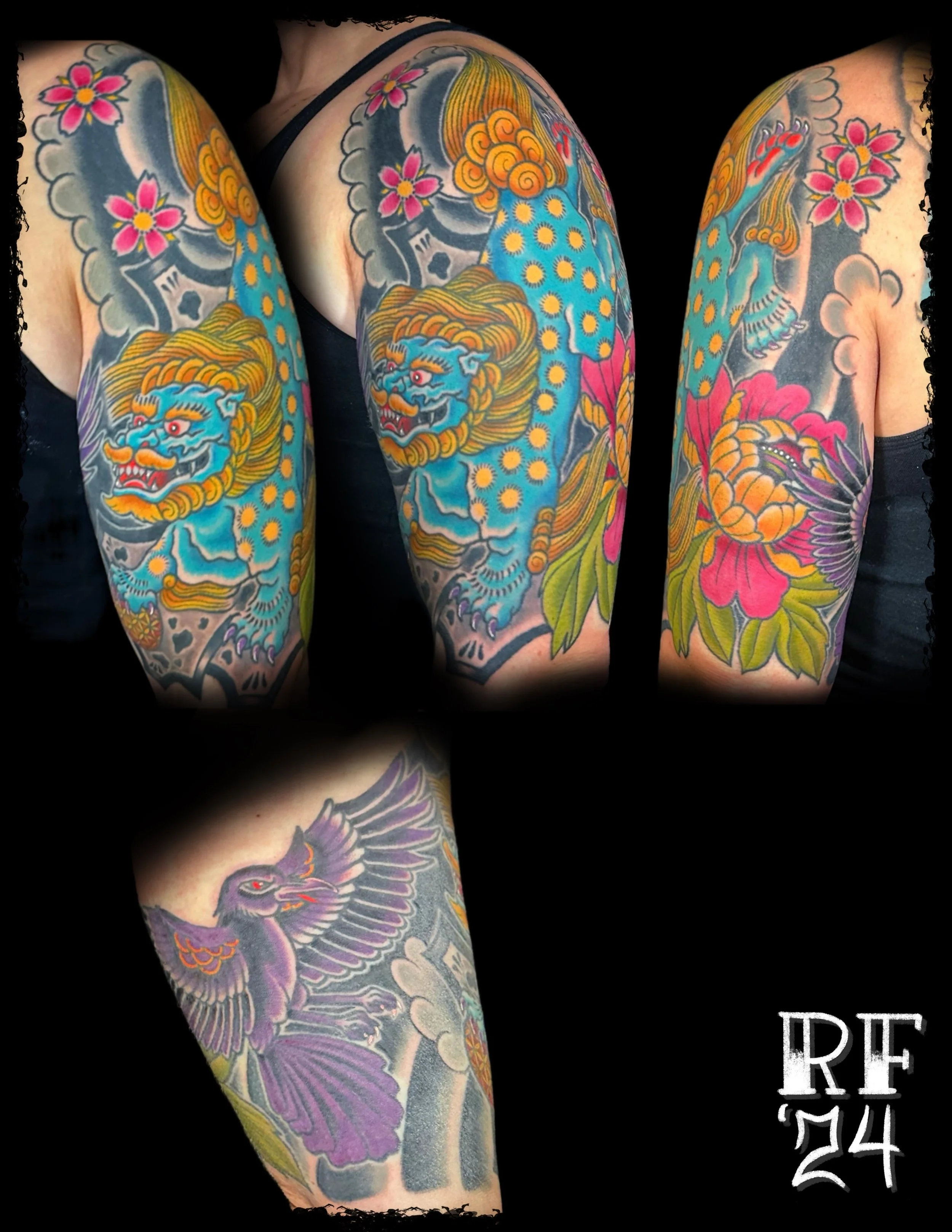 Japanese Foo Dog Half Sleeve Tattoo by Rob Fehrman at Judgment Day Tattoo in Newport News, VA
