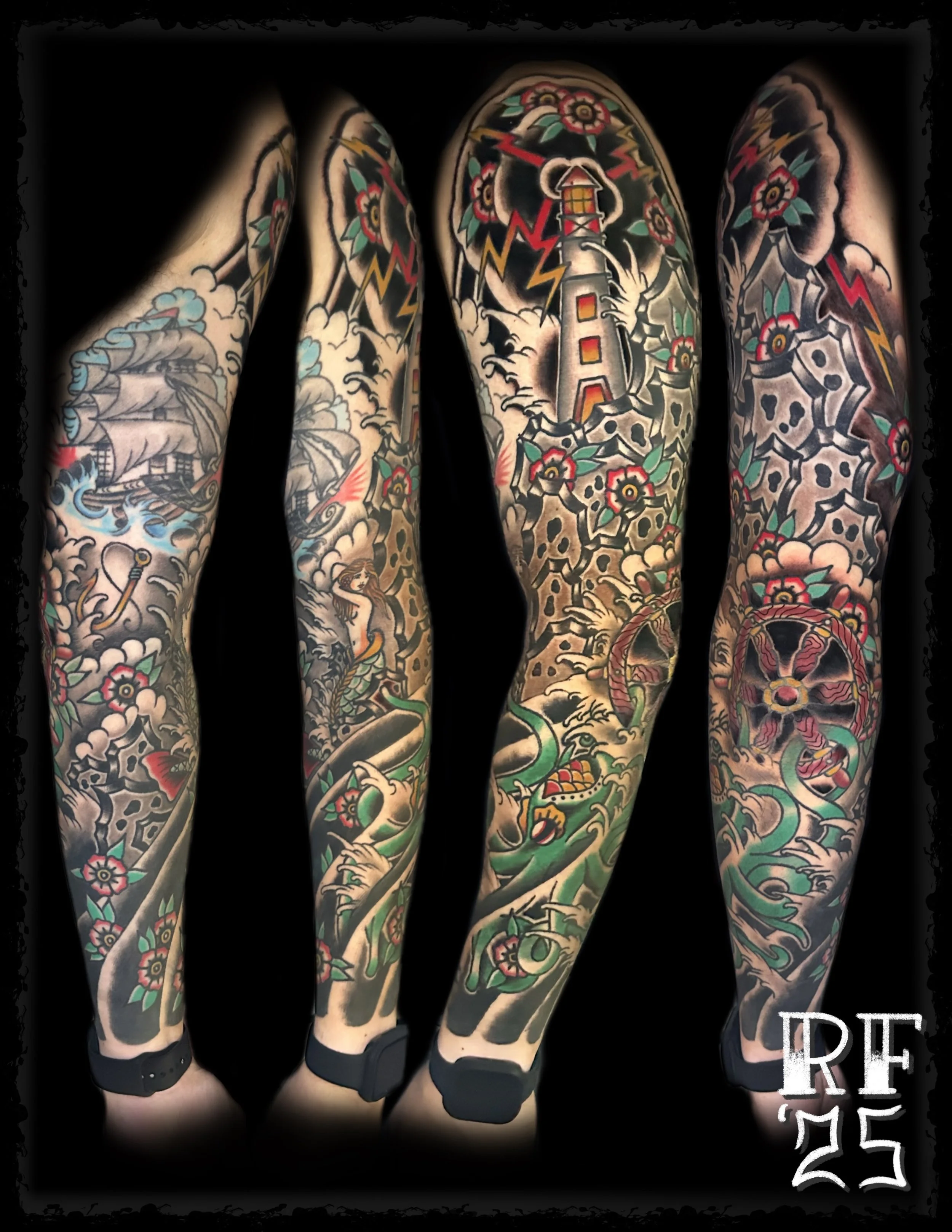 Traditional Tattoo Sleeve by Rob Fehrman at Judgment Day Tattoo in Newport News, VA