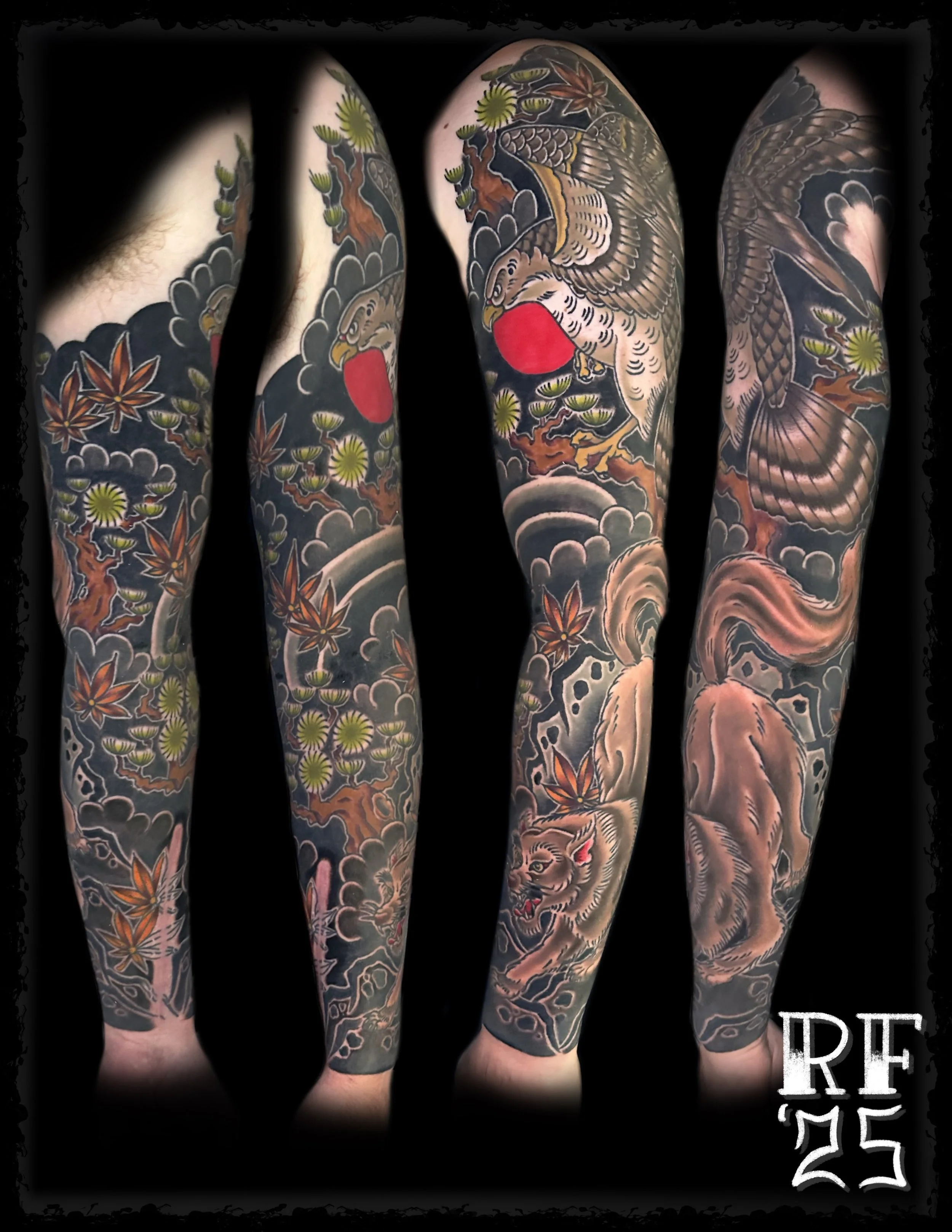 Japanese Hawk and Wolf Tattoo Sleeve by Rob Fehrman at Judgment Day Tattoo in Newport News, VA