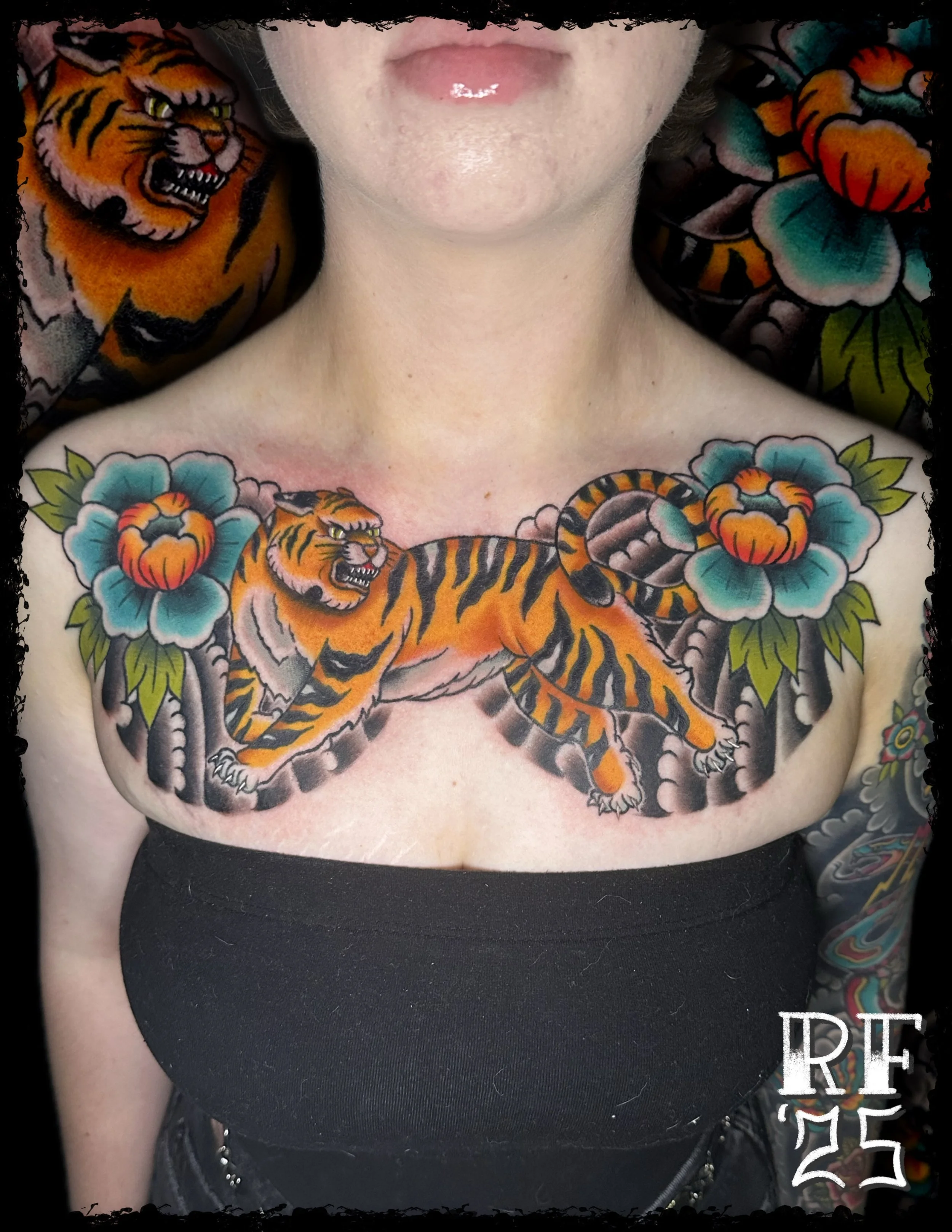 Japanese Tiger Chest Piece Tattoo by Rob Fehrman at Judgment Day Tattoo in Newport News, VA