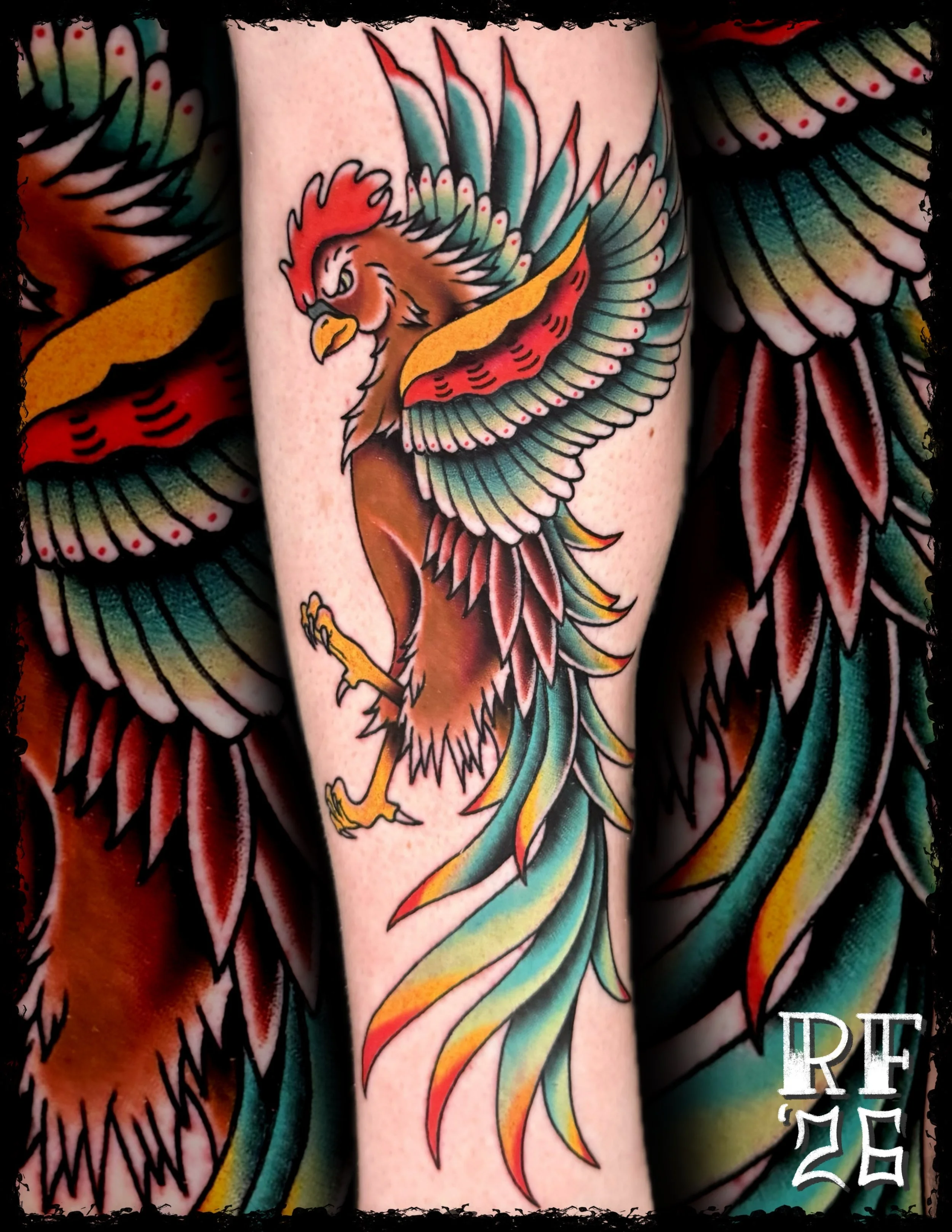 Traditional Rooster Tattoo by Rob Fehrman at Judgment Day Tattoo in Newport News, VA