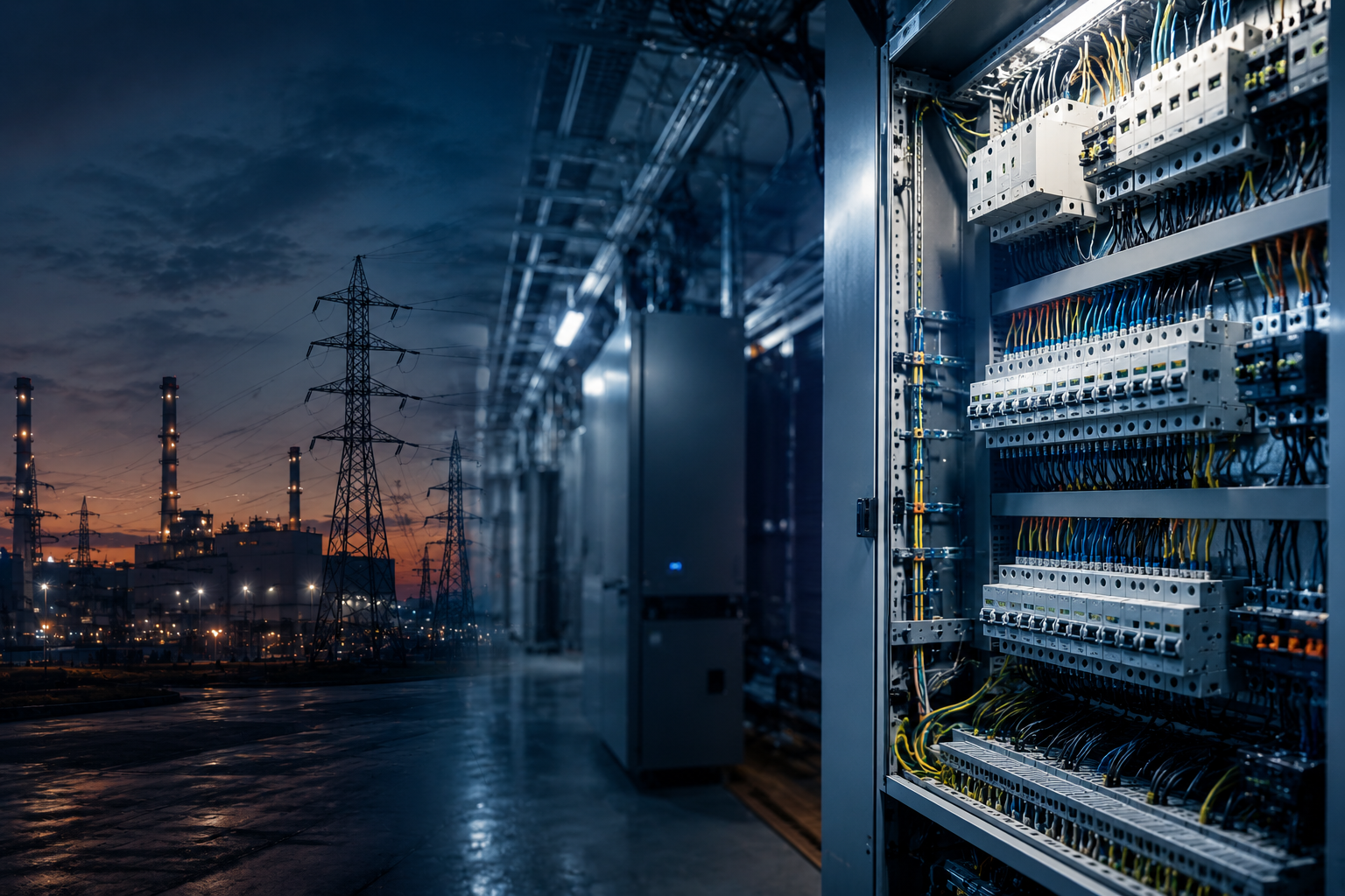 Power transmission lines and electrical substation with an open electrical panel at dusk.