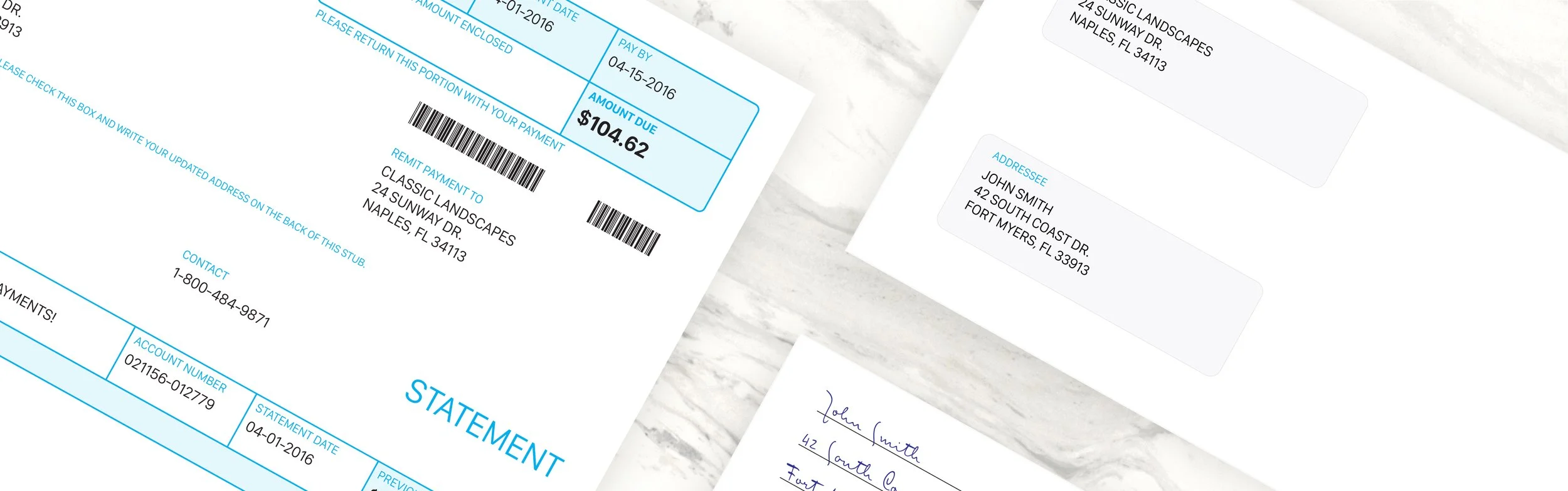 A bill or invoice with details about payment of $104.62 to Classic Landscapes, located at 24 Sunway Dr., Naples, FL 34113. The bill includes barcode, account number, and statement date. Some envelopes and address labels are also visible.