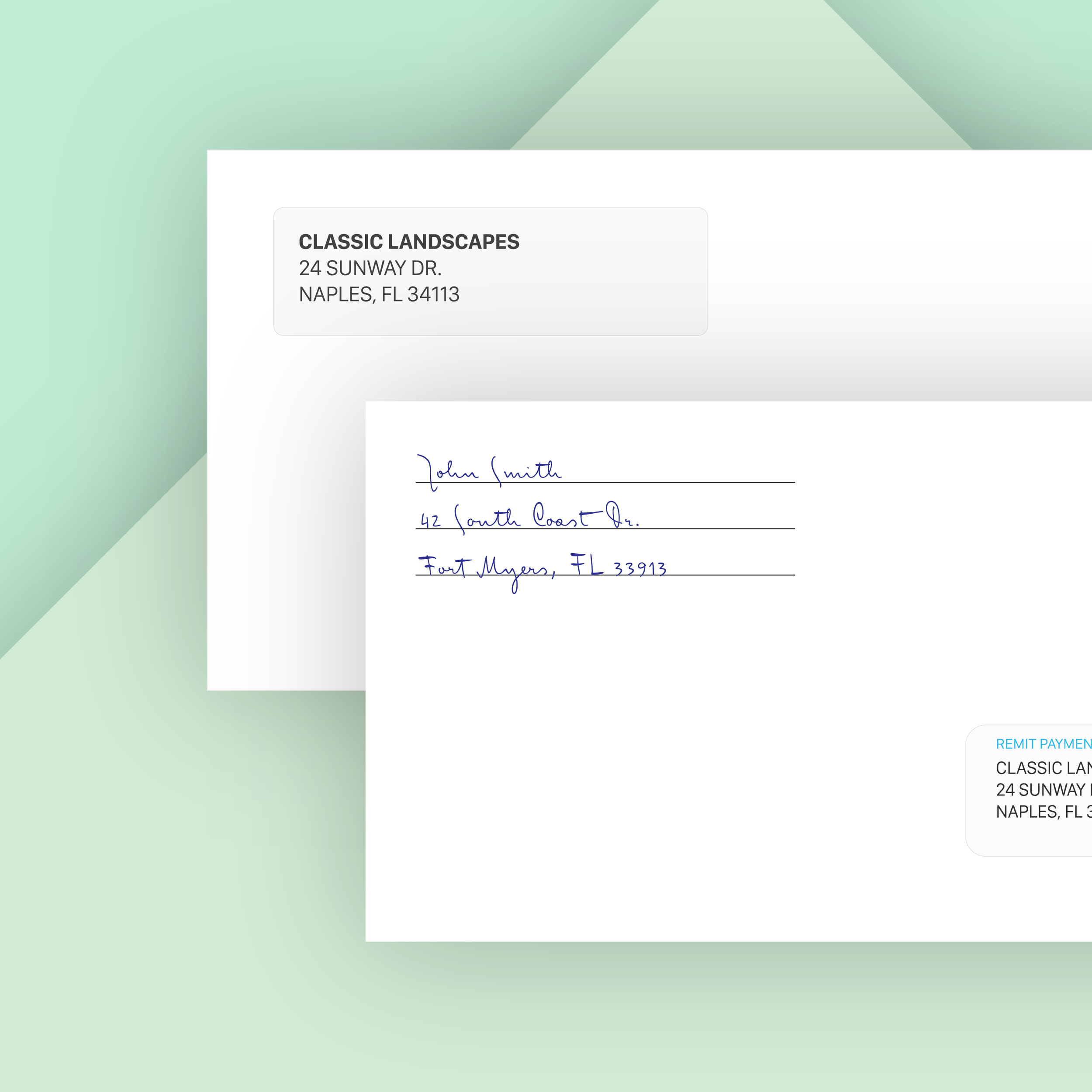 A digital image showing two white envelopes, one slightly behind the other, on a green geometric background. The front envelope has handwritten blue ink address details, and the back envelope has a printed label with the address of Classic Landscapes in Naples, Florida.