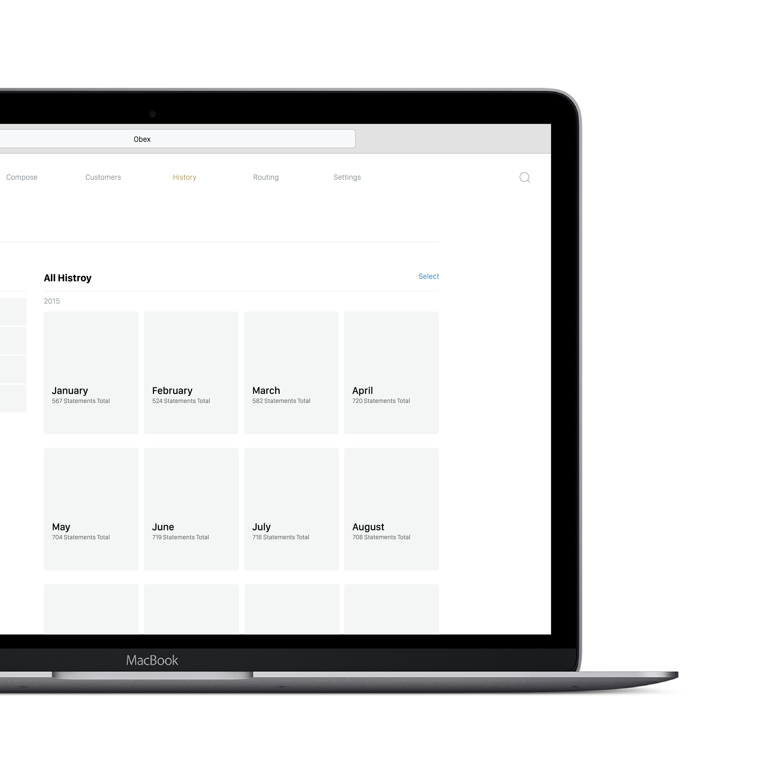 Close-up of a MacBook laptop screen displaying a software application with tabs labeled Compose, Customers, History, Routing, and Settings, and a page titled All History showing months with total statements.