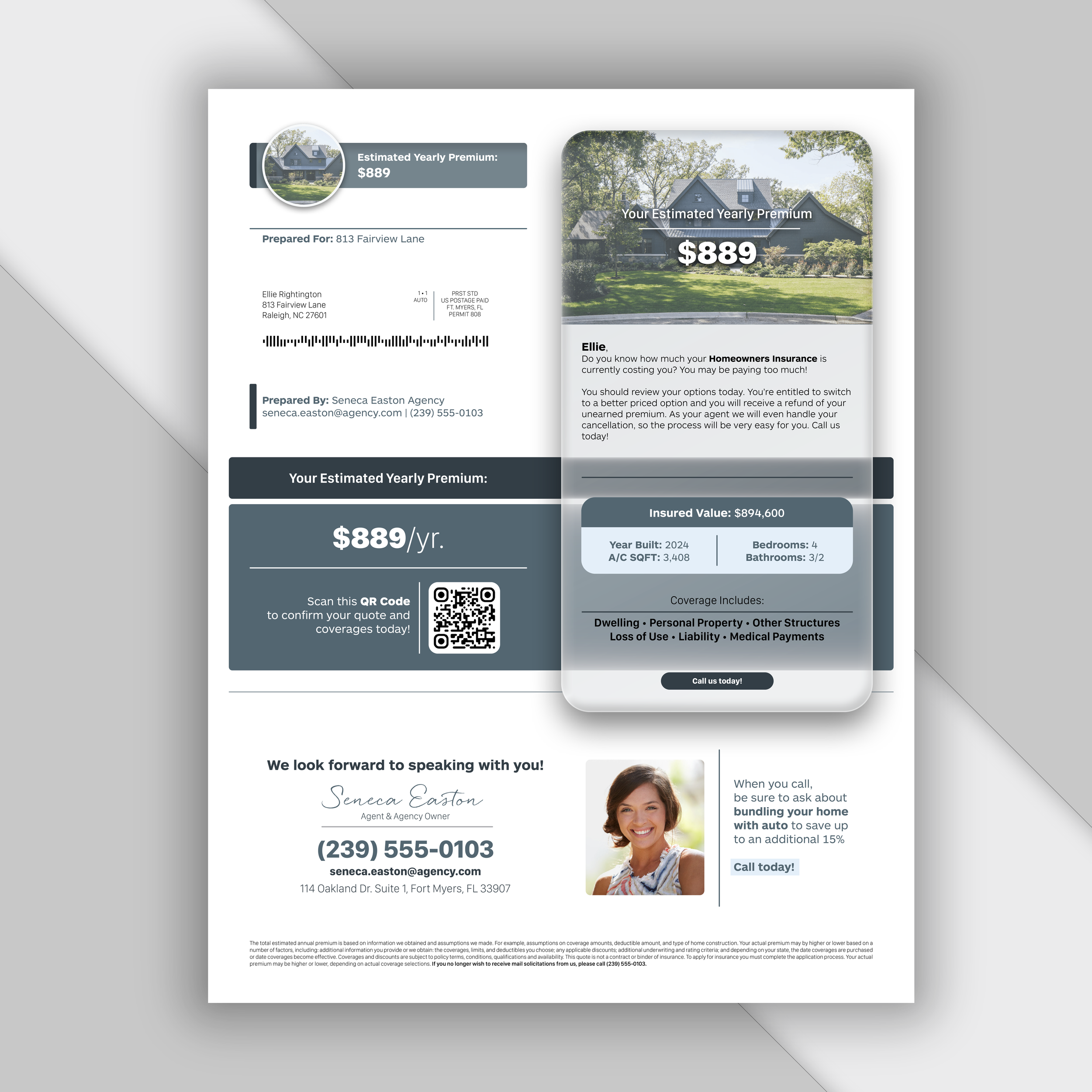 Insurance quote document showing estimated yearly premium of $889, including details for a home with an estimated value of $894,600, built in 2024, with 4 bedrooms and 3 bathrooms, covering dwelling, personal property, and liability.