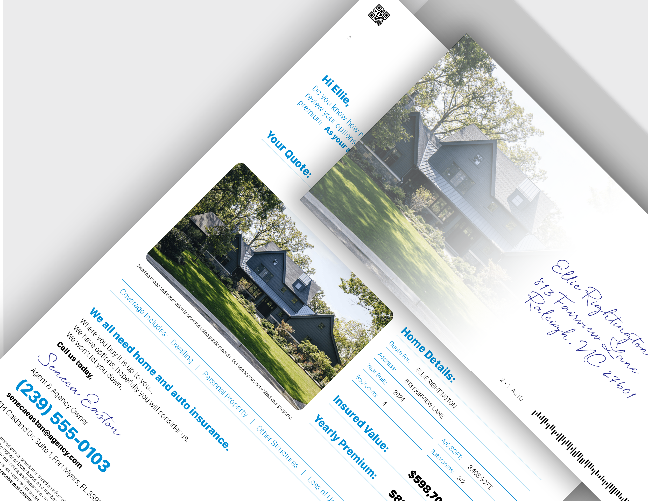 Real estate flyer for a house in Raleigh, North Carolina, with a photo of a modern house surrounded by trees and green lawn, contact information for a real estate agent, and details for home and insurance coverage.