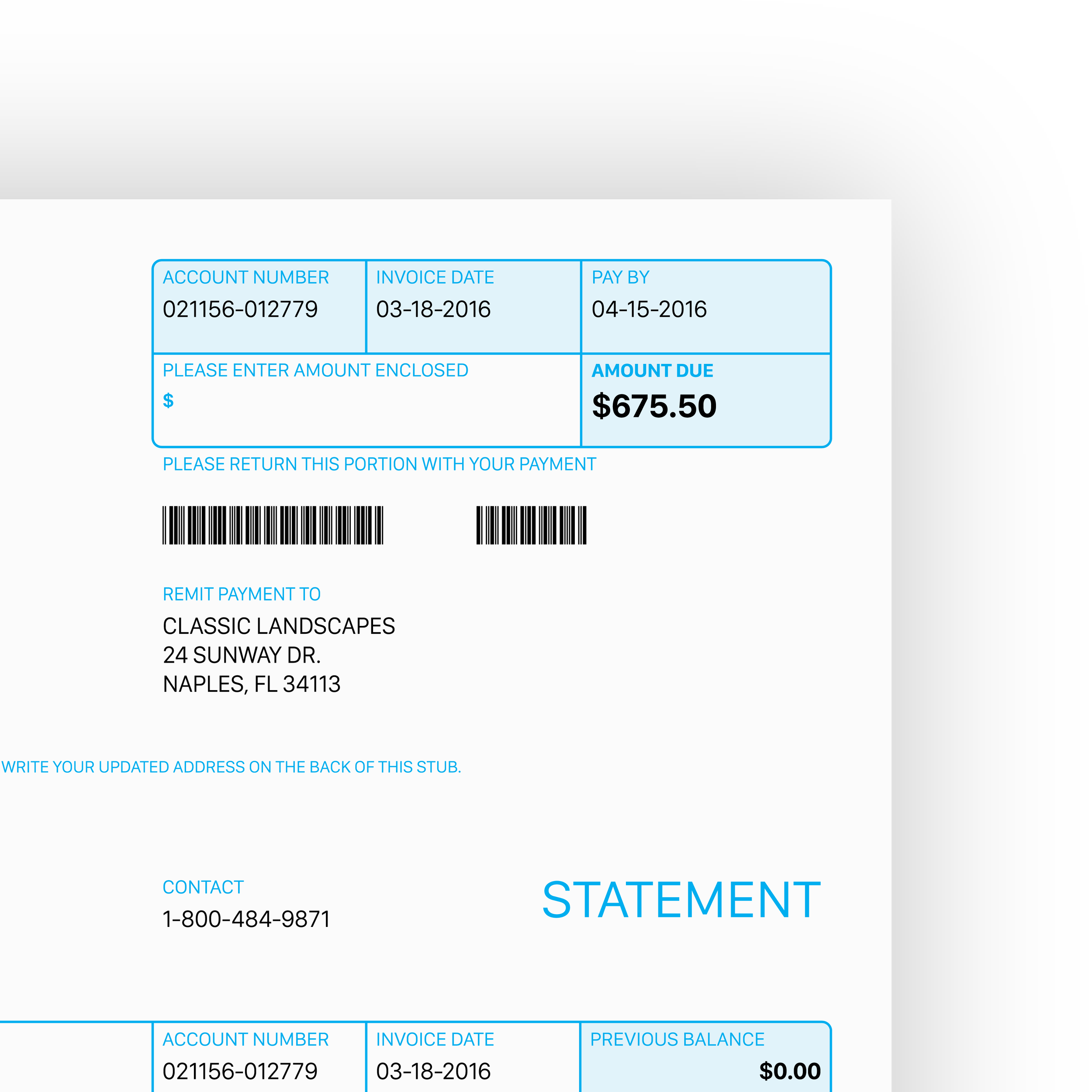 A bill statement with account number, invoice date, pay by date, amount due of $675.50, remittance address in Naples, FL, contact number, and balance details.