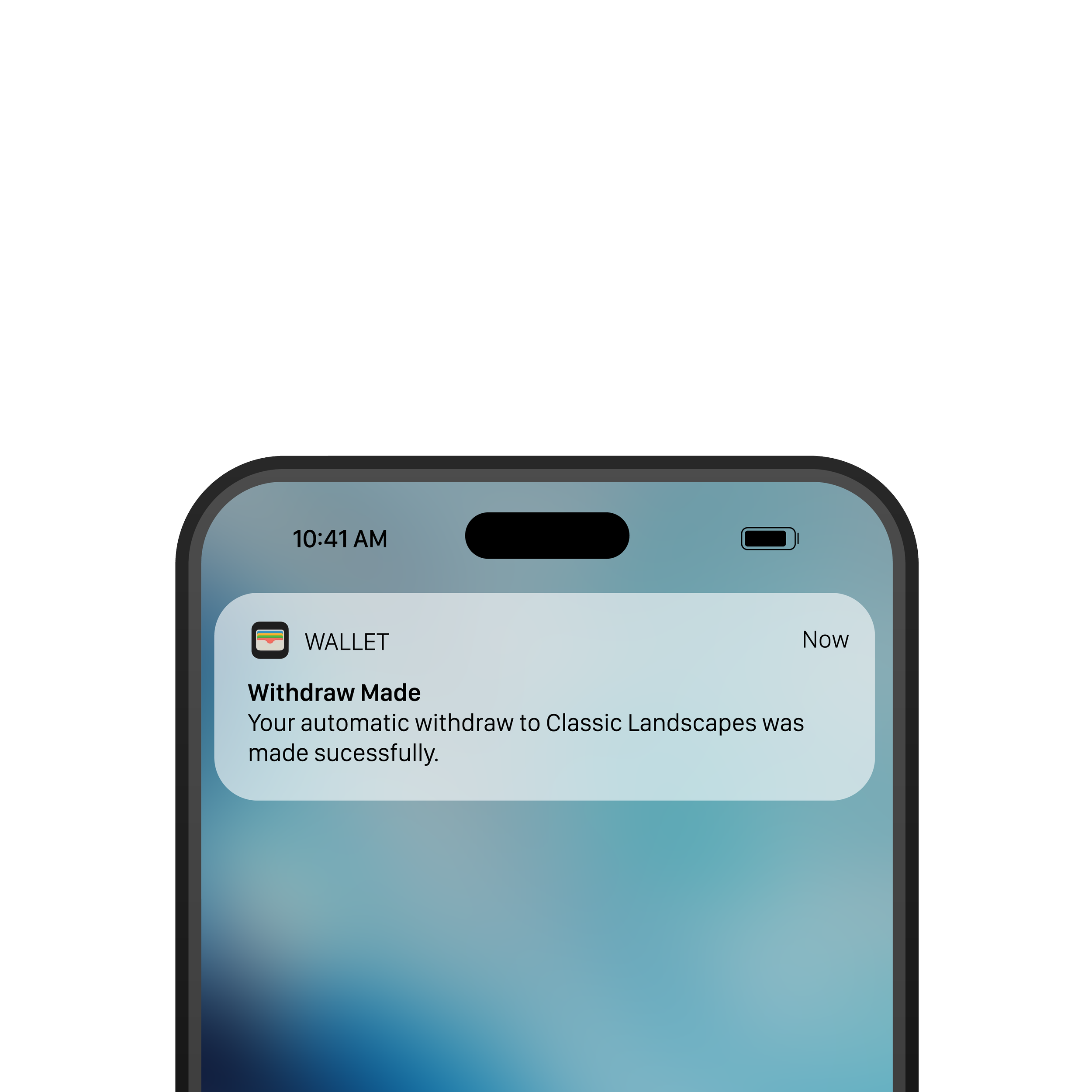 Smartphone screen showing a wallet notification that a withdrawal to Classic Landscapes was successfully made.