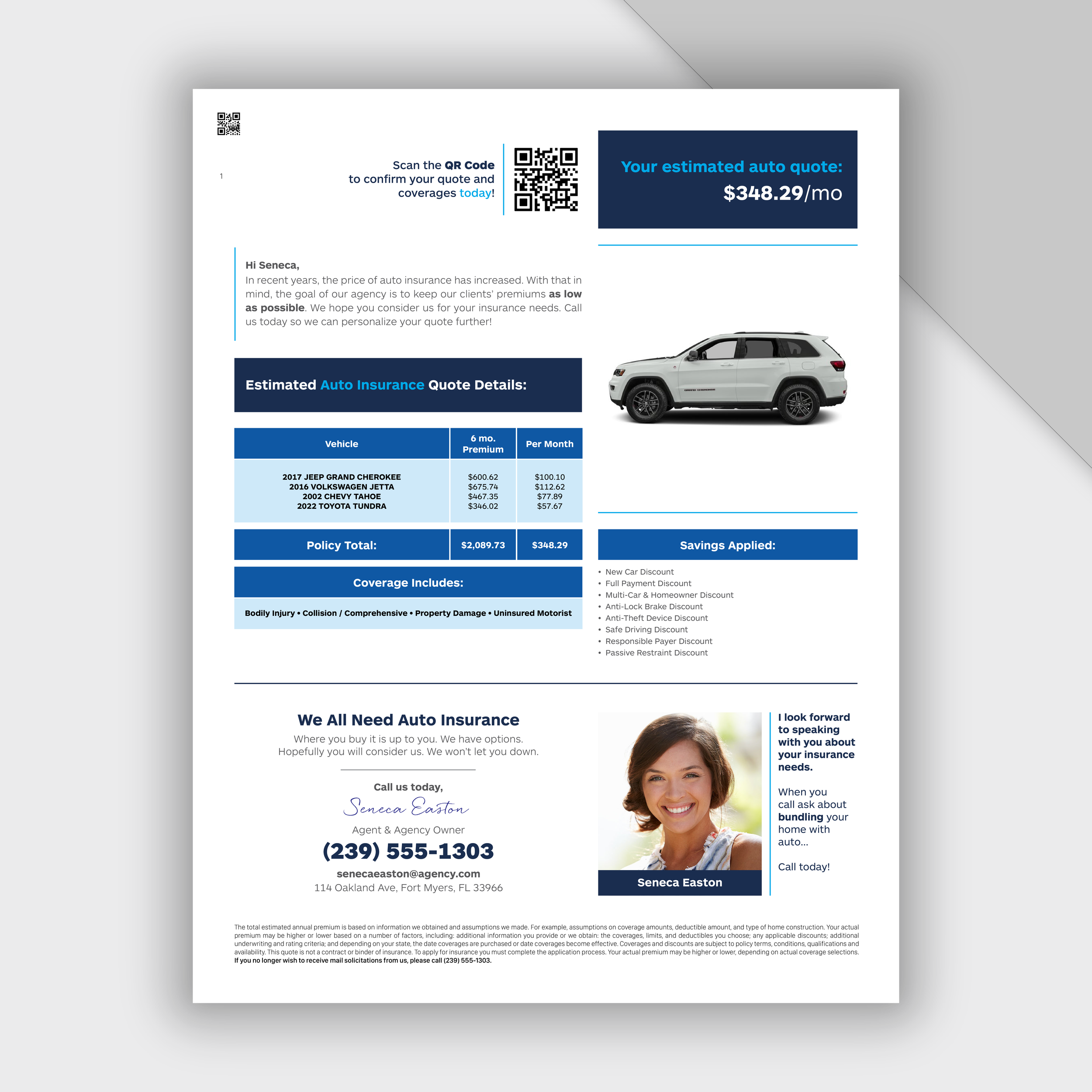 Auto insurance quote document with a picture of a white SUV, written details of coverage options, premium costs, and a photo of a smiling woman along with contact information.