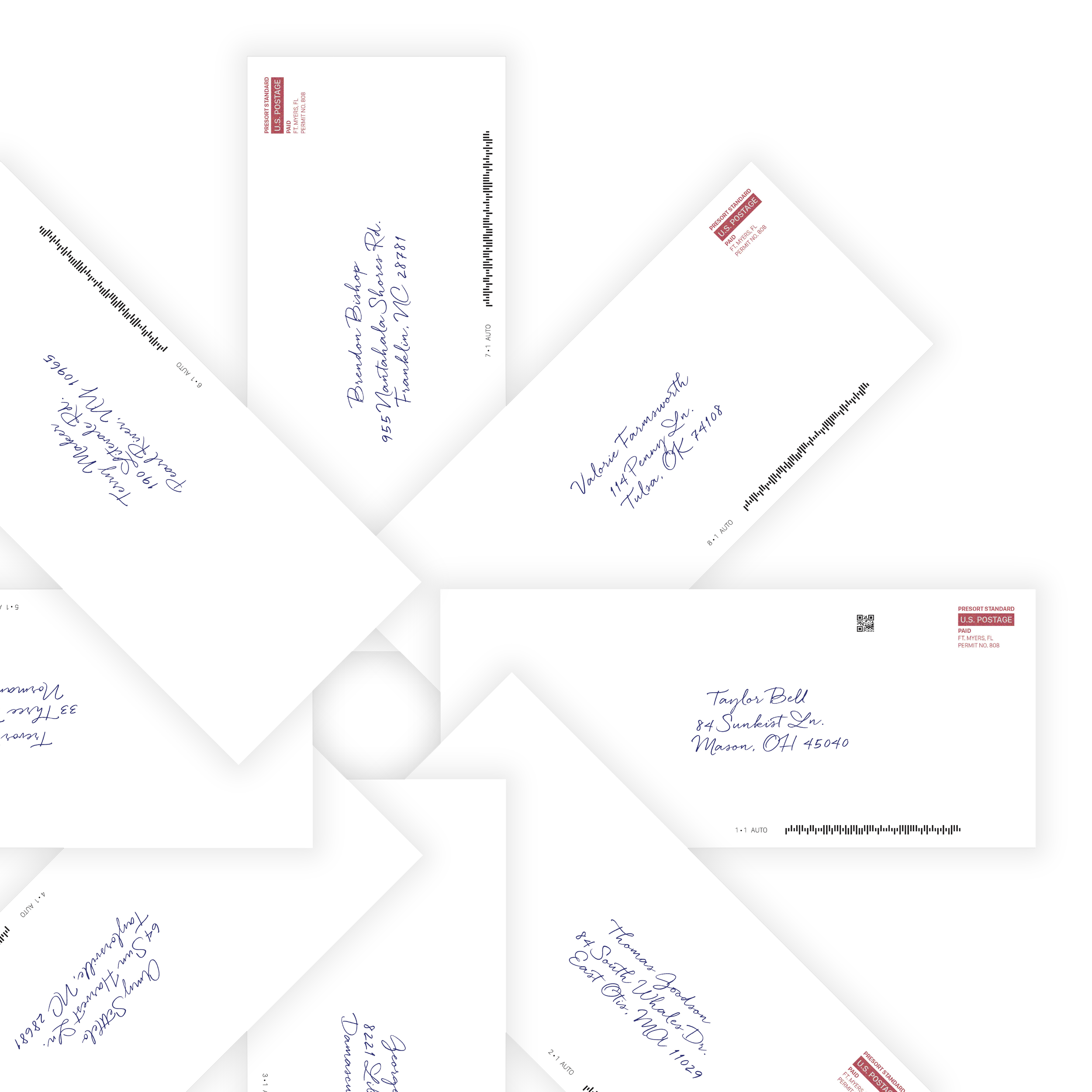 Multiple white envelopes with handwritten addresses, some with red 'U.S. POSTAGE' marks, arranged in a star-like pattern against a black background.