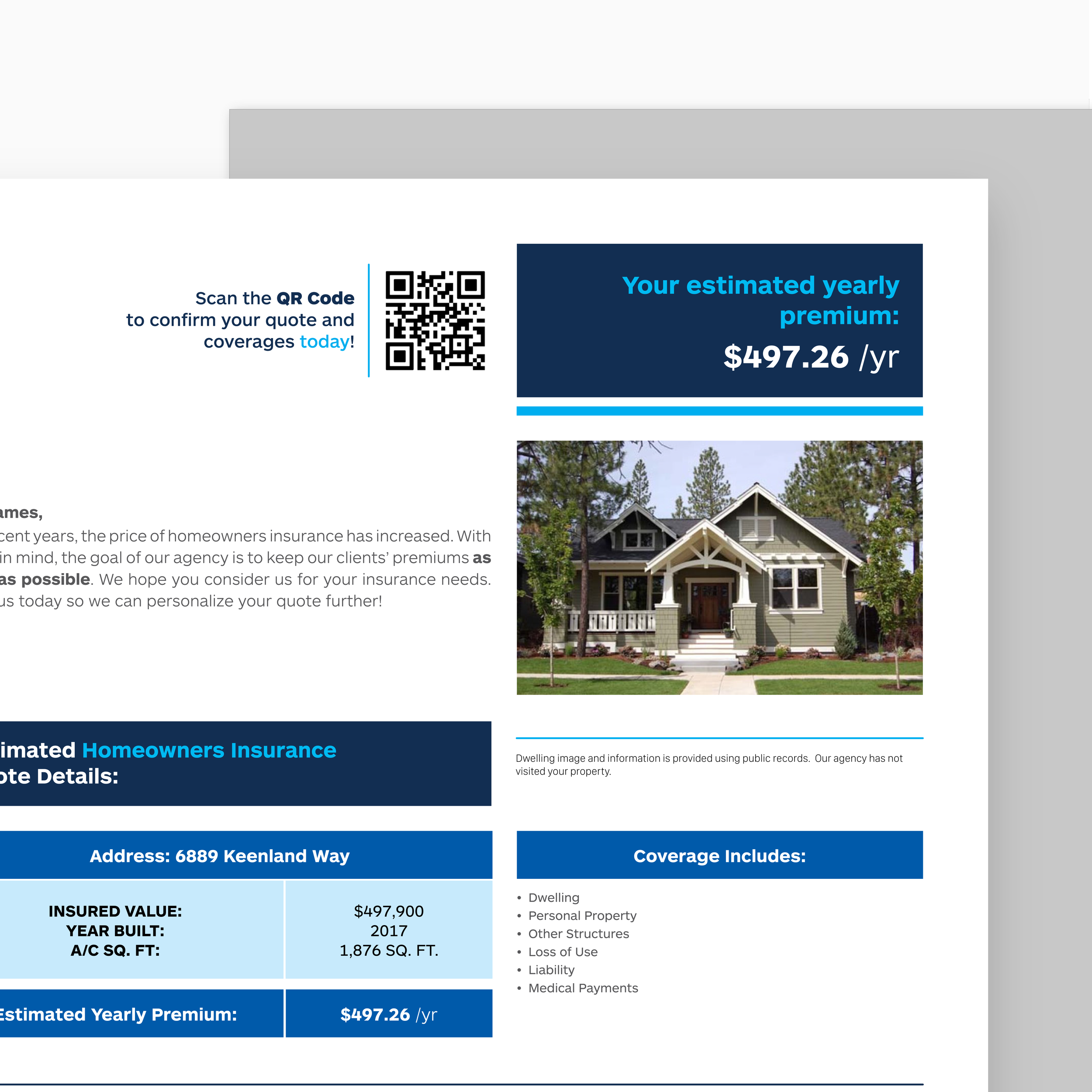 A home insurance quote document featuring a house image, estimated yearly premium of $497.26, and coverage details for a house at 6889 Keenland Way.