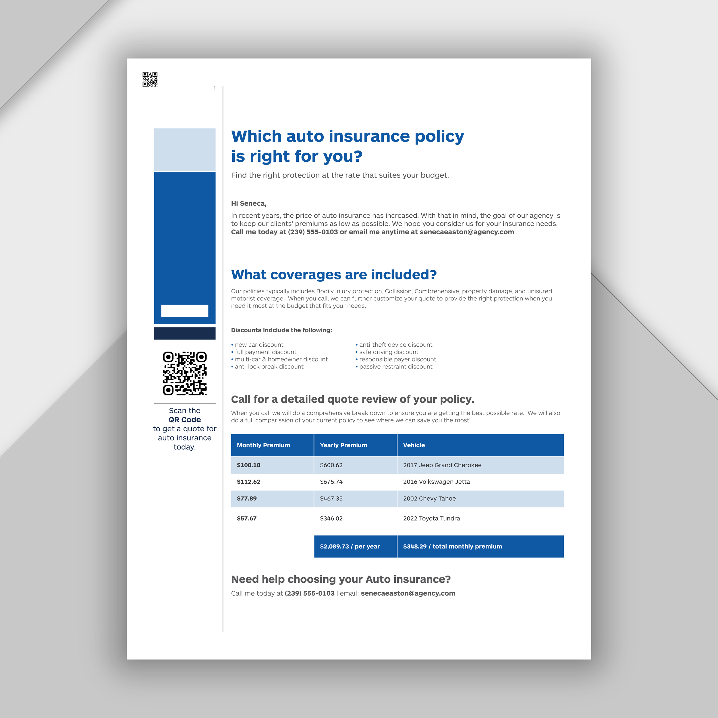 A printed advertisement for auto insurance policies showing coverage options and pricing for different vehicles, with a QR code for quoting online, and contact information at the bottom.