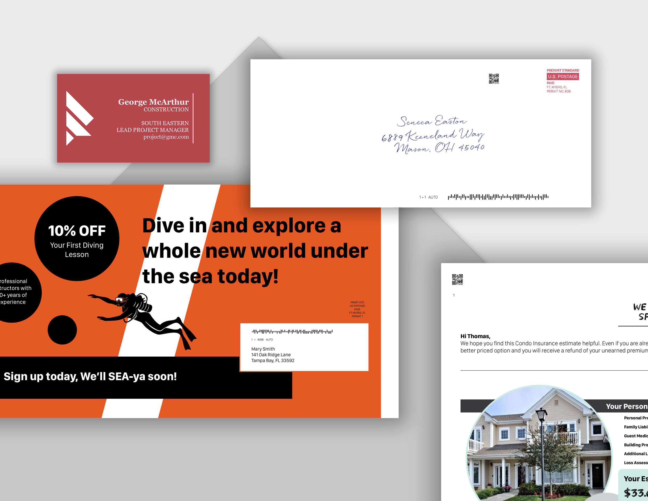 A collection of mailing and advertising materials including a business card for George McArthur, a postcard addressed to Seneca Easton, a marketing flyer for scuba diving lessons, and a printed letter with a house image and a list of personal insurance services.