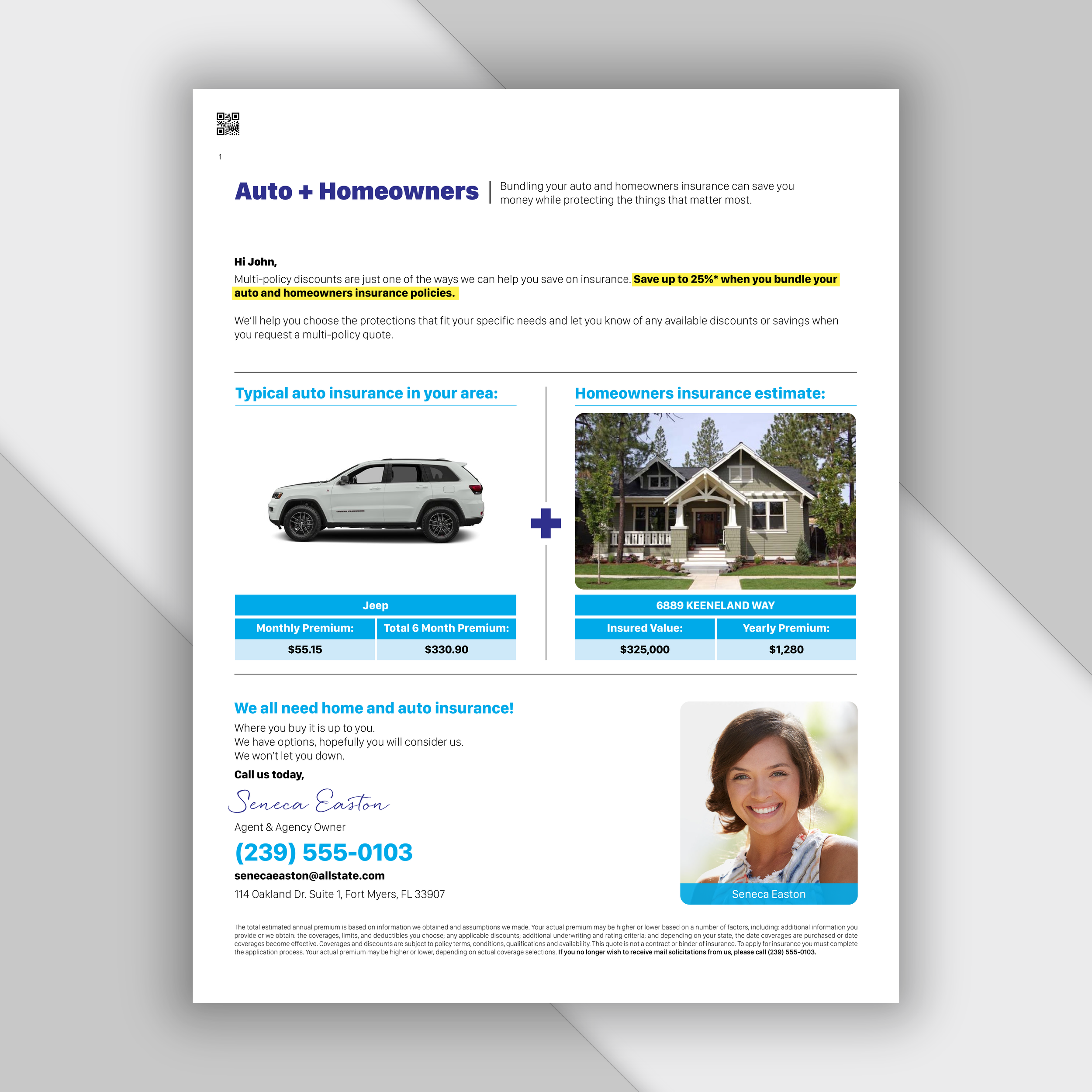 Insurance flyer offering auto and homeowners insurance with images of a white Jeep and a house, and a smiling woman in a headshot.