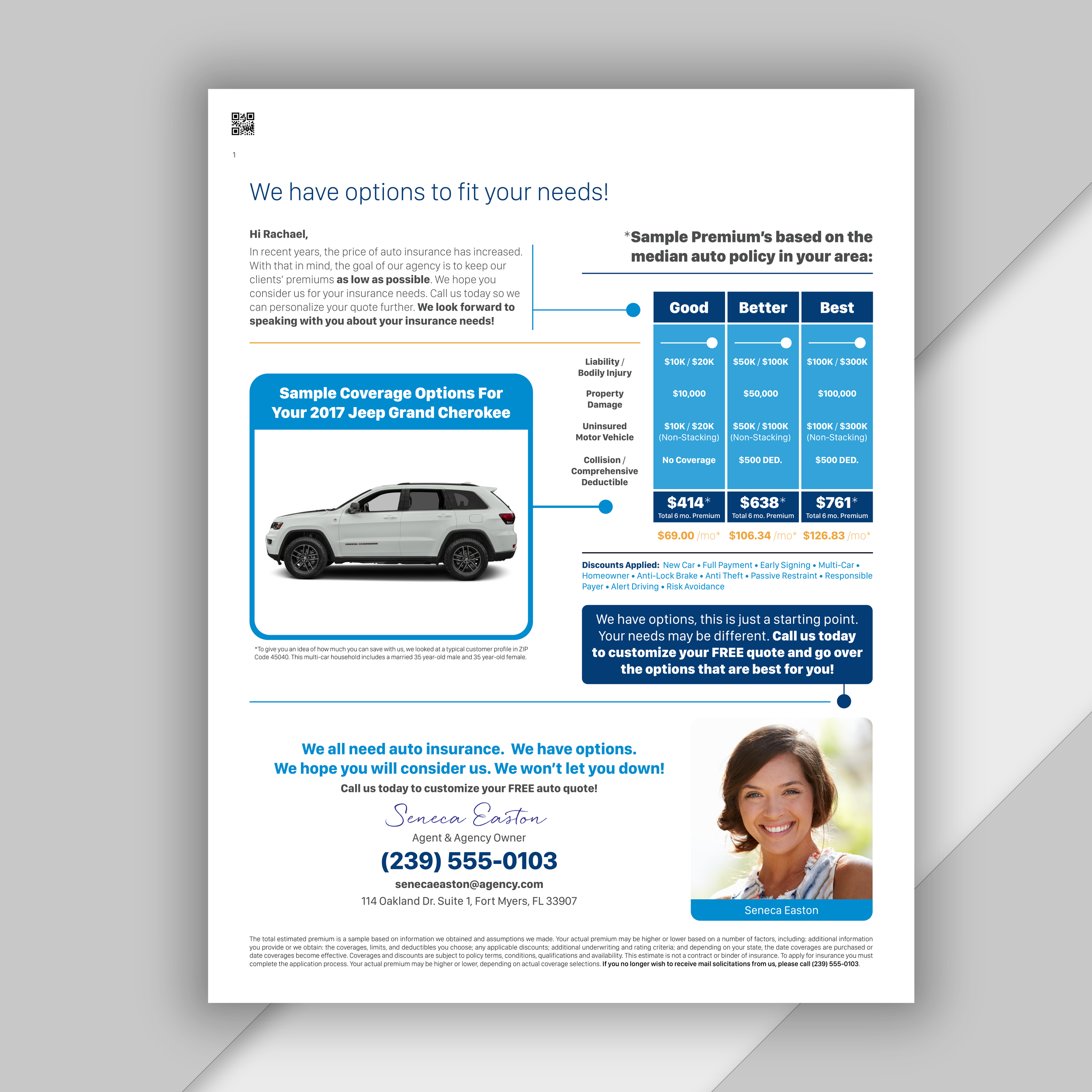 An auto insurance advertisement flyer featuring coverage options for a 2017 Jeep Grand Cherokee, with a smiling woman in the bottom right corner, contact information, and options for different insurance plans.