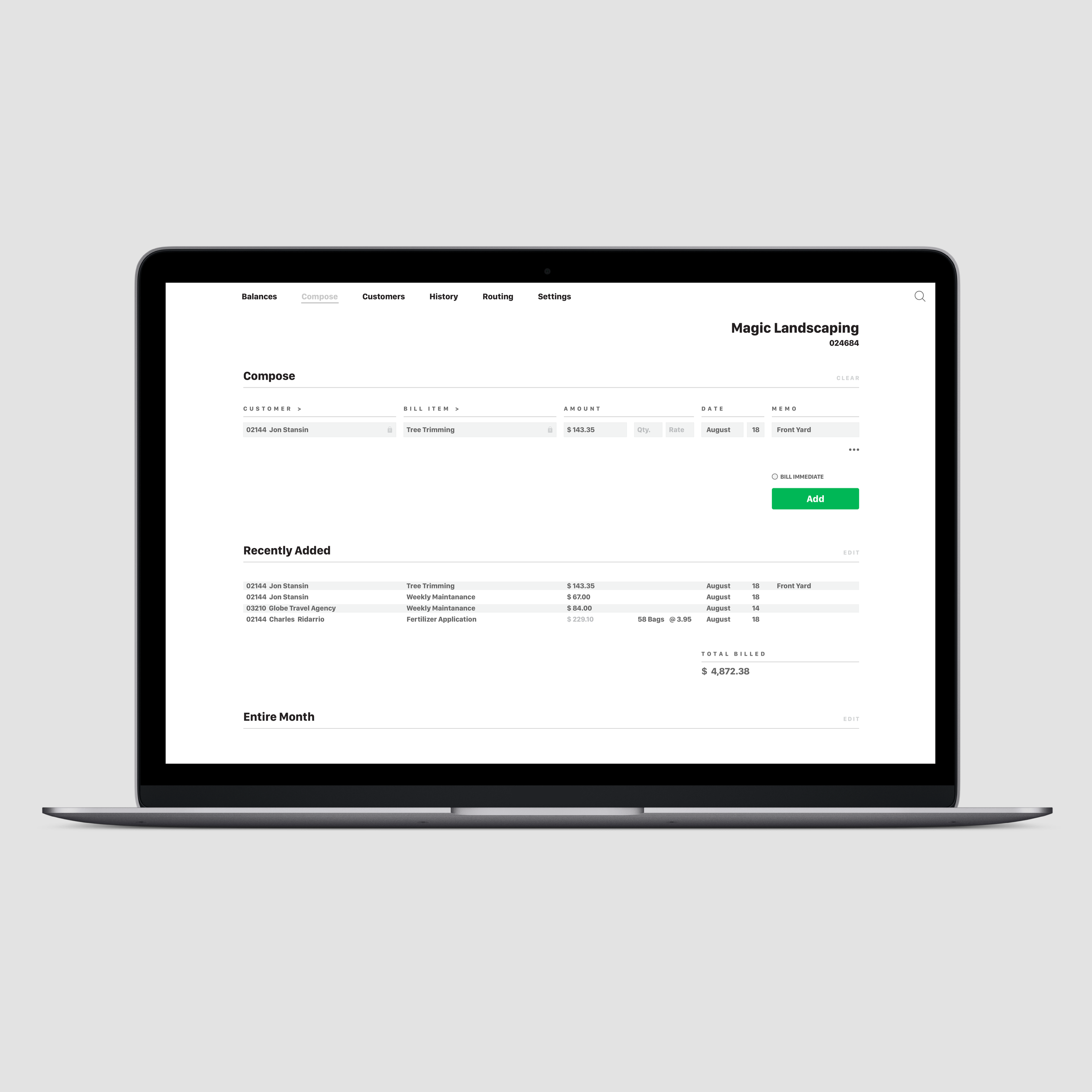 Laptop screen showing a billing software interface with tabs labeled Balances, Compose, Customers, History, Routing, and Settings. The page displayed is called "Compose" with a section for entering billing details, recent charges, and total billed amount.