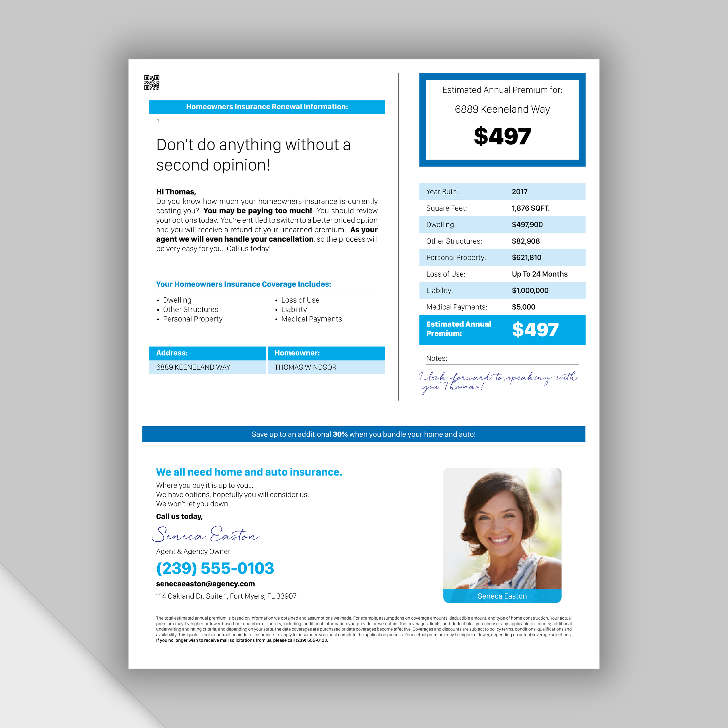 Insurance quote flyer for homeowners and auto insurance, featuring a photo of a smiling woman, contact information, and coverage details with a $497 premium.
