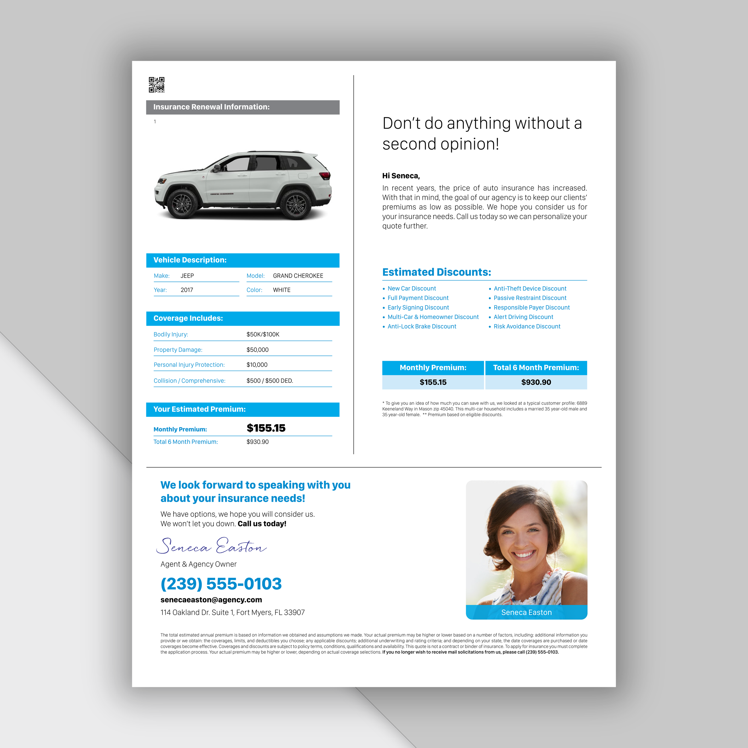 Insurance quote document for a white 2017 Jeep Grand Cherokee, including coverage details and a photo of a smiling woman named Seneca Easton.