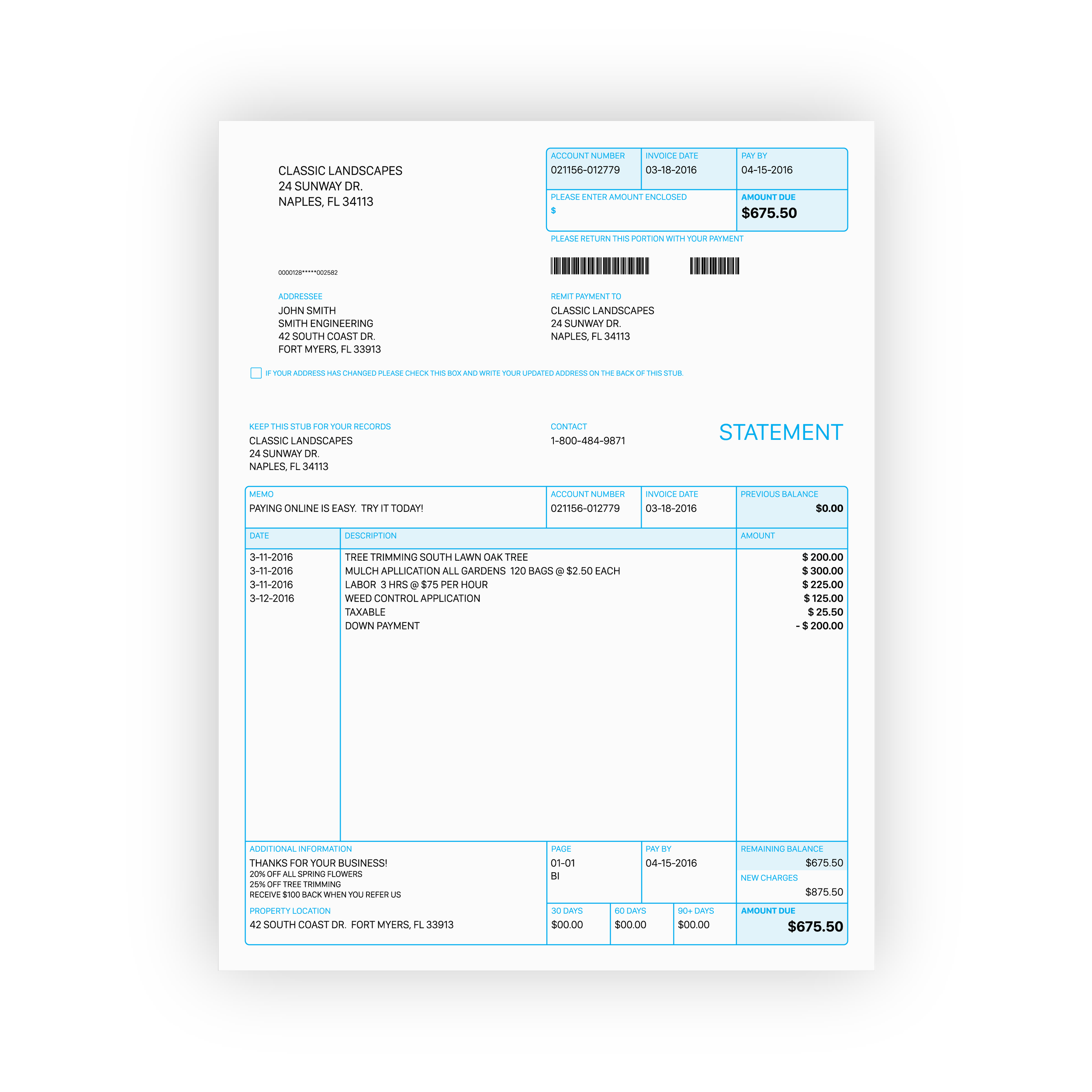 A detailed invoice from Classic Landscapes addressed to John Smith, itemizing landscaping services and charges, including tree trimming, mulch application, labor, weed control, and payment details.