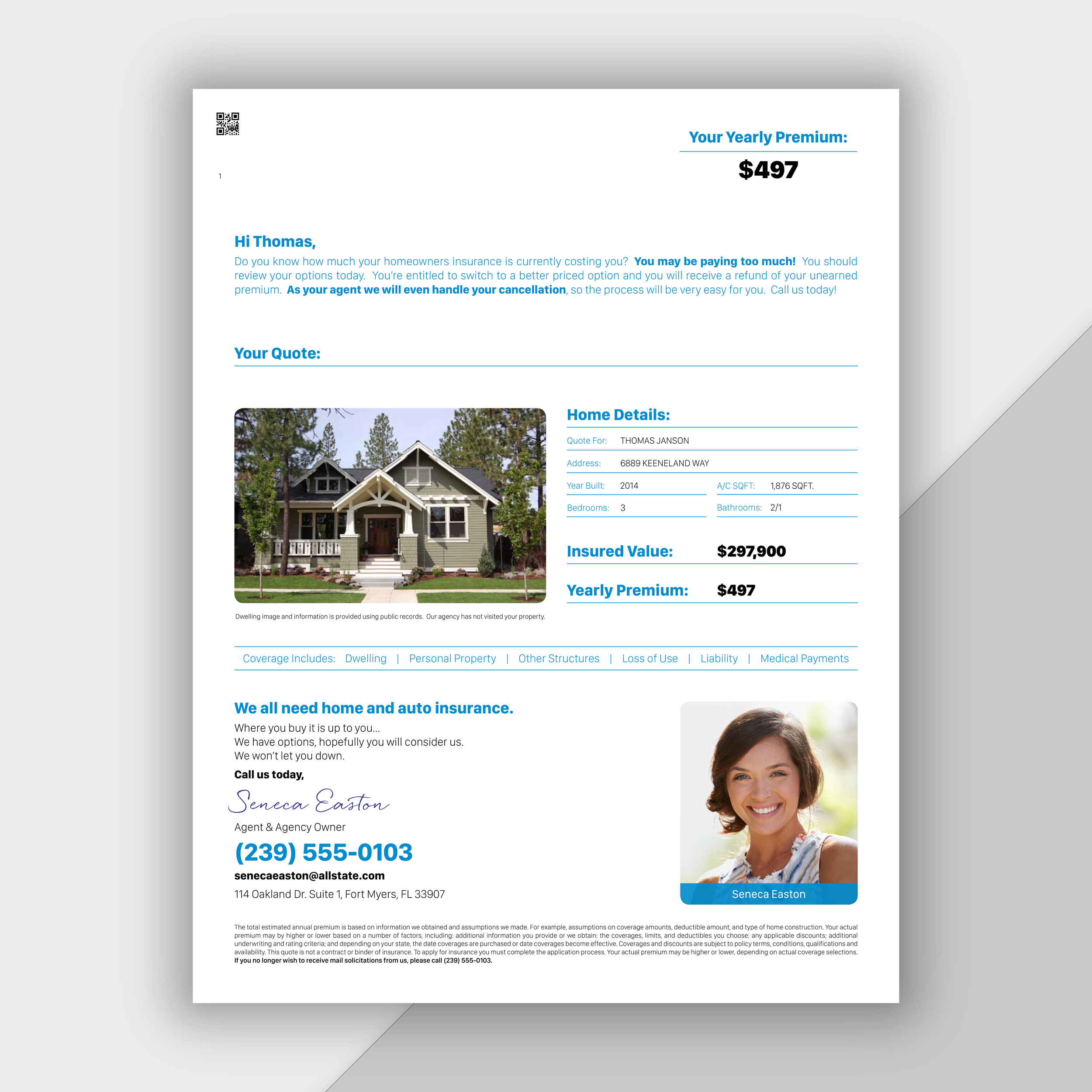 Insurance quote document featuring an image of a house and a smiling woman portrait, with text about home insurance details and agent contact information.