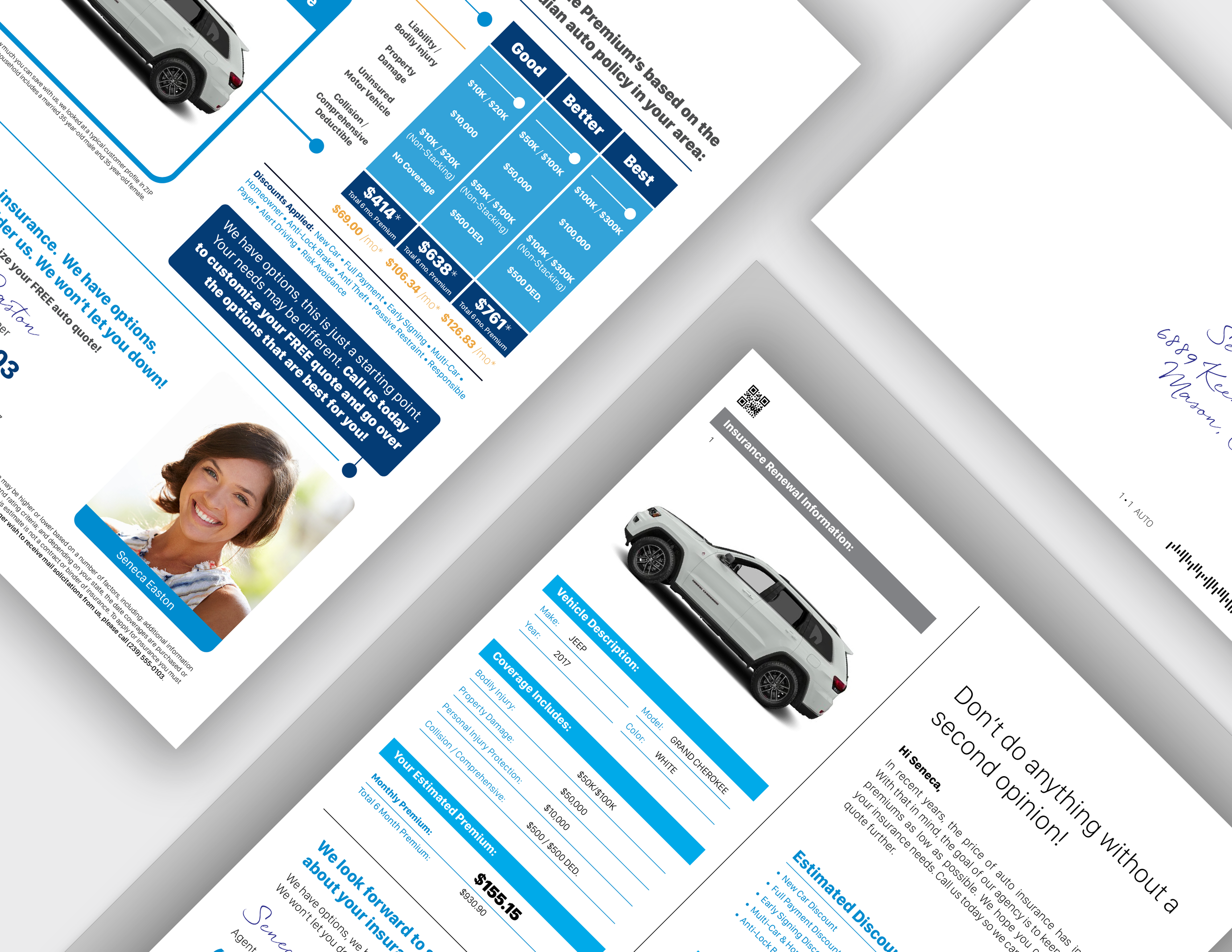 Insurance quote brochure featuring a white SUV, blue text, and a smiling woman portrait.