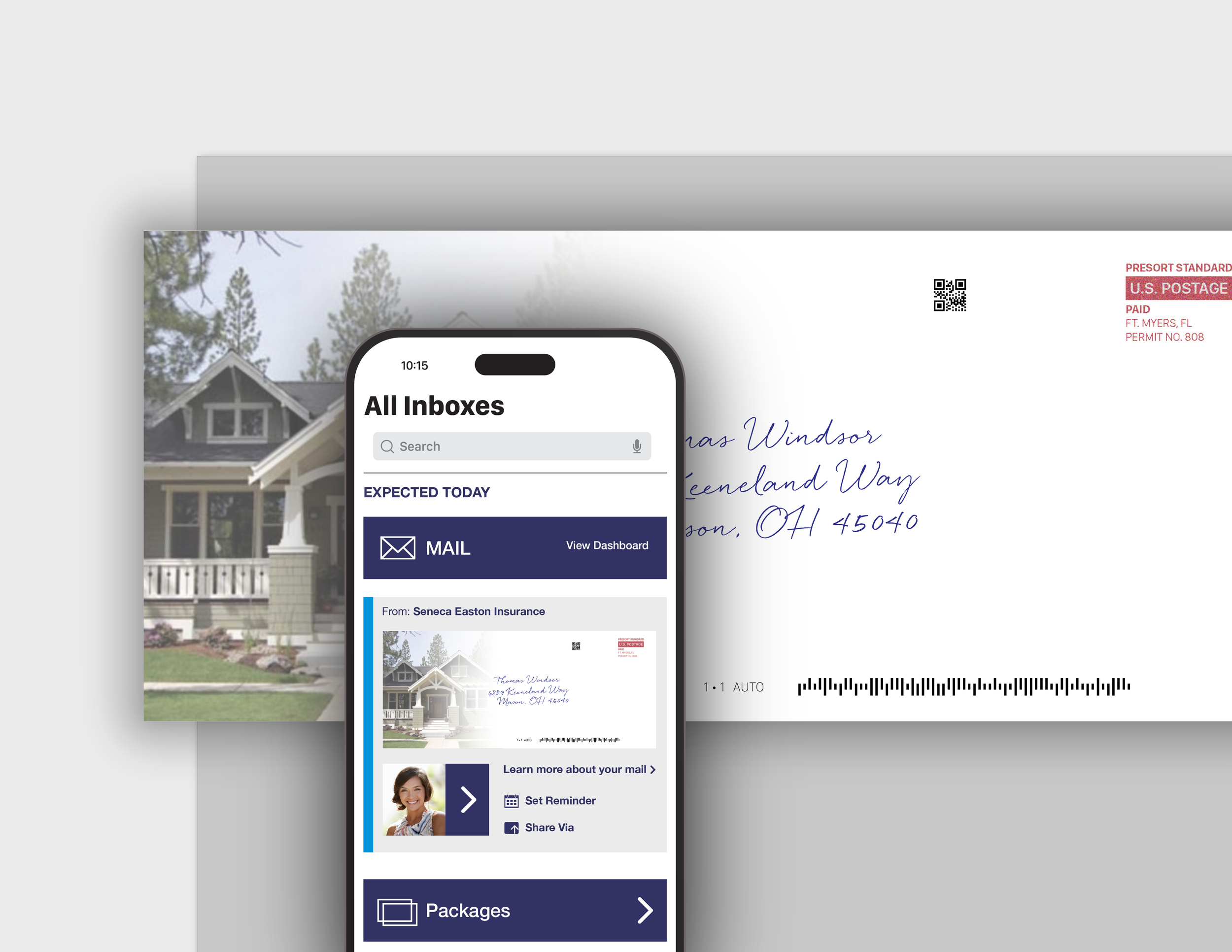A letter with a house in the background and a smartphone screen showing an email inbox in the foreground.