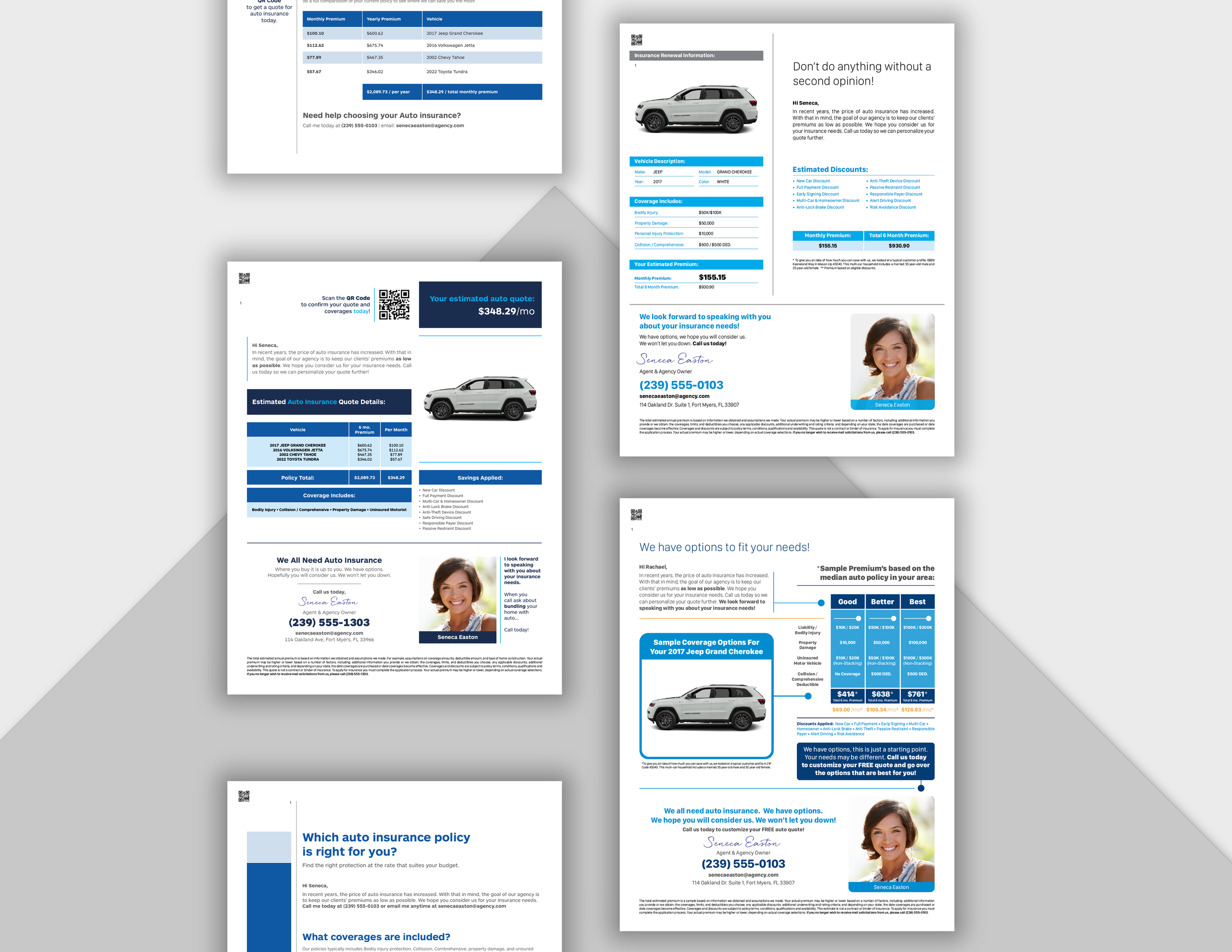 A four-page auto insurance brochure with images of a white SUV and a smiling woman, detailed coverage options, estimated prices, and contact information for Seneca Easton.