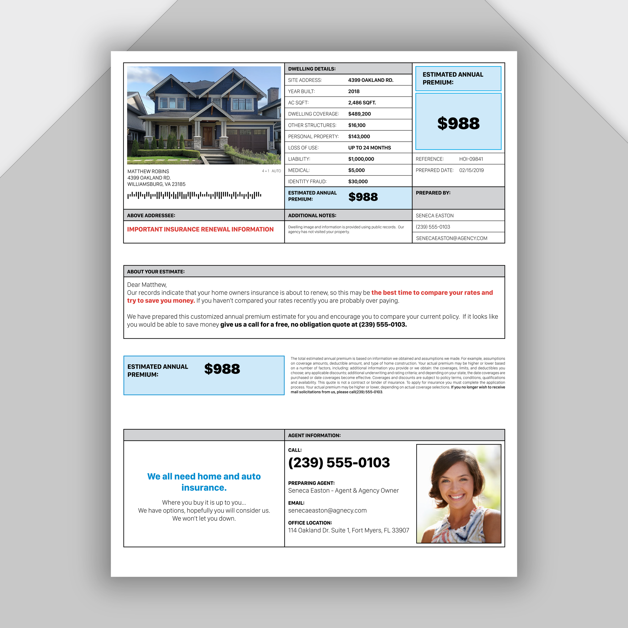 Homeowners insurance quote with a house photo, policy details, premium estimate of $988, and agent contact information.