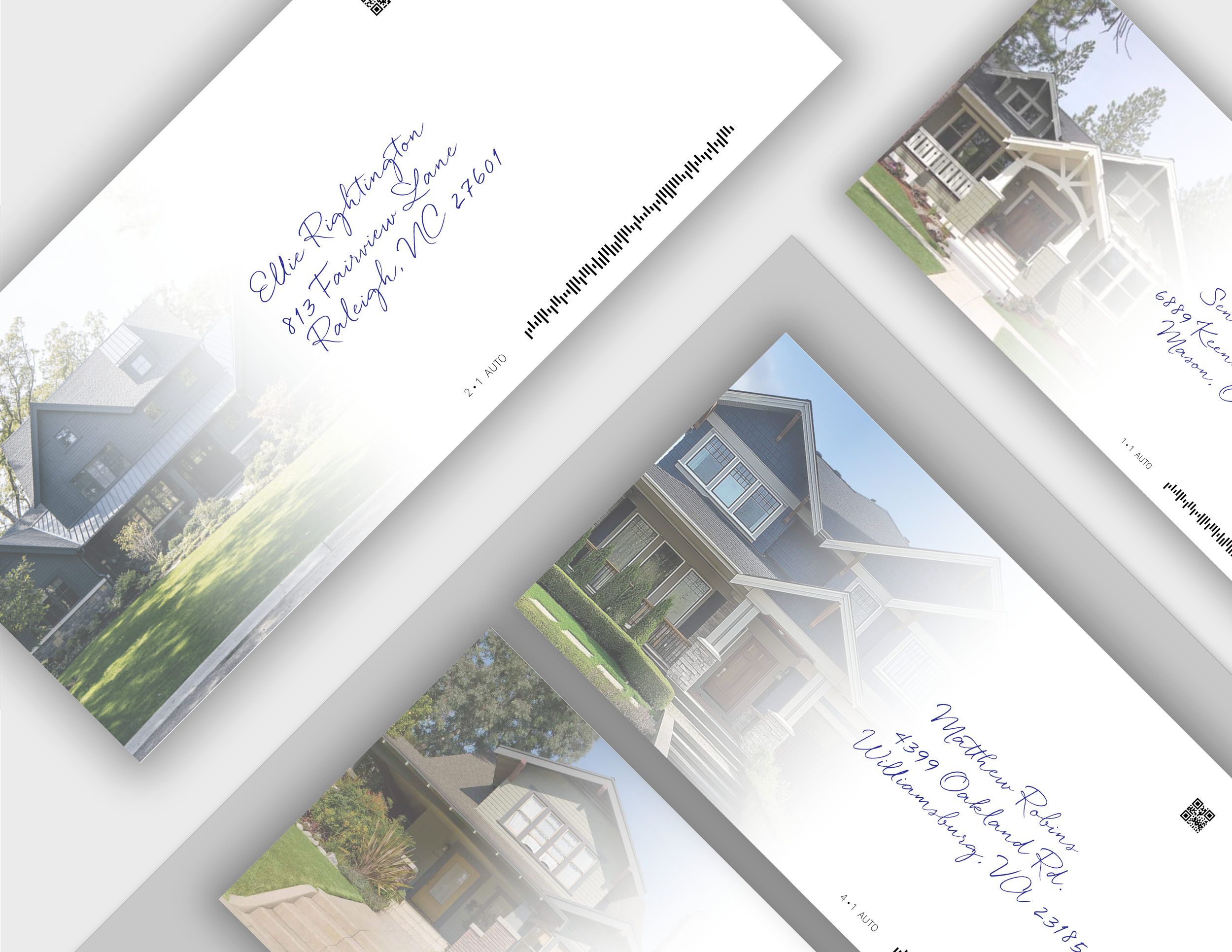 Collection of envelopes with images of modern houses and handwritten addresses.
