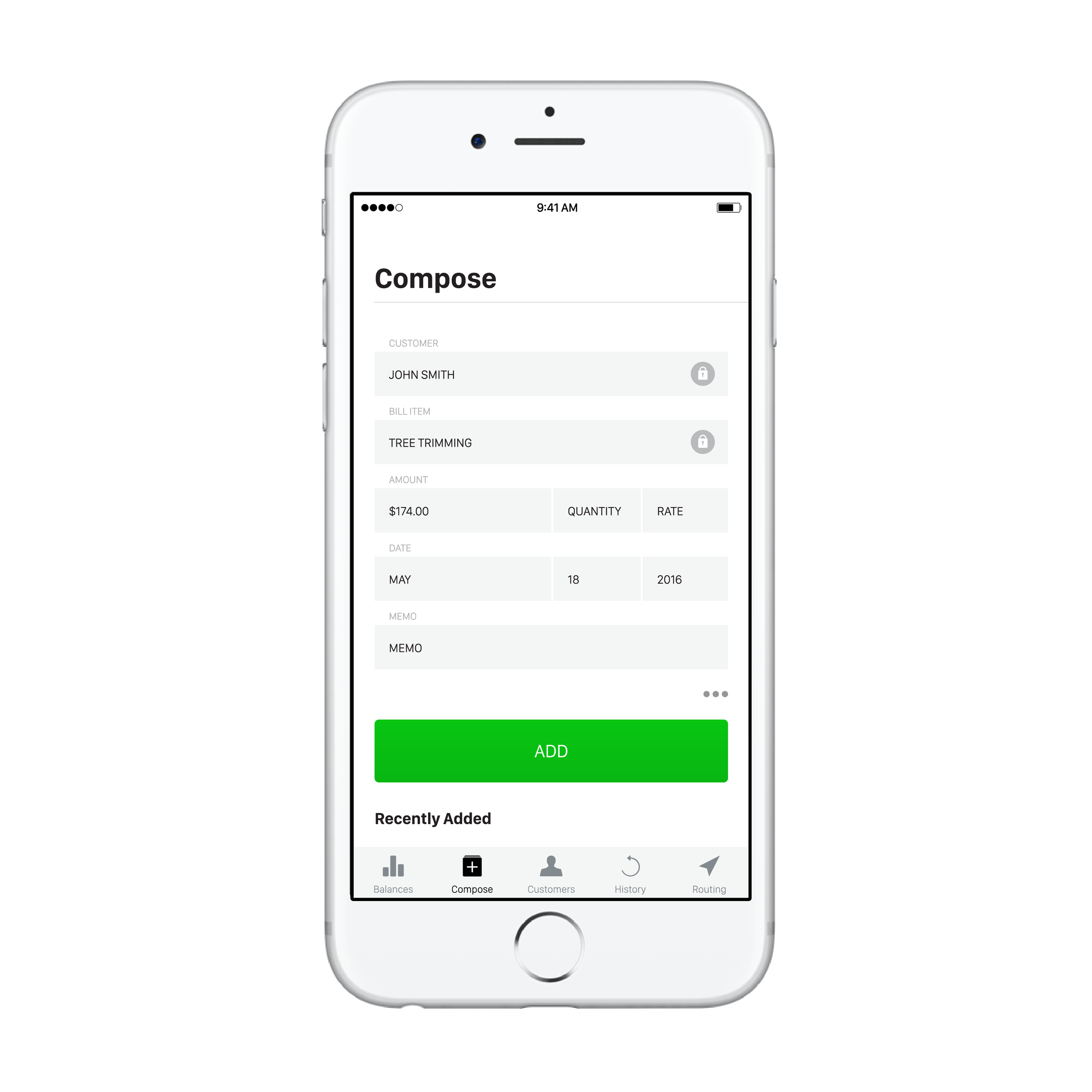 Mobile app interface on an iPhone showing a form titled 'Compose' with fields for customer name, bill item, amount, date, and memo, and a green 'Add' button at the bottom.