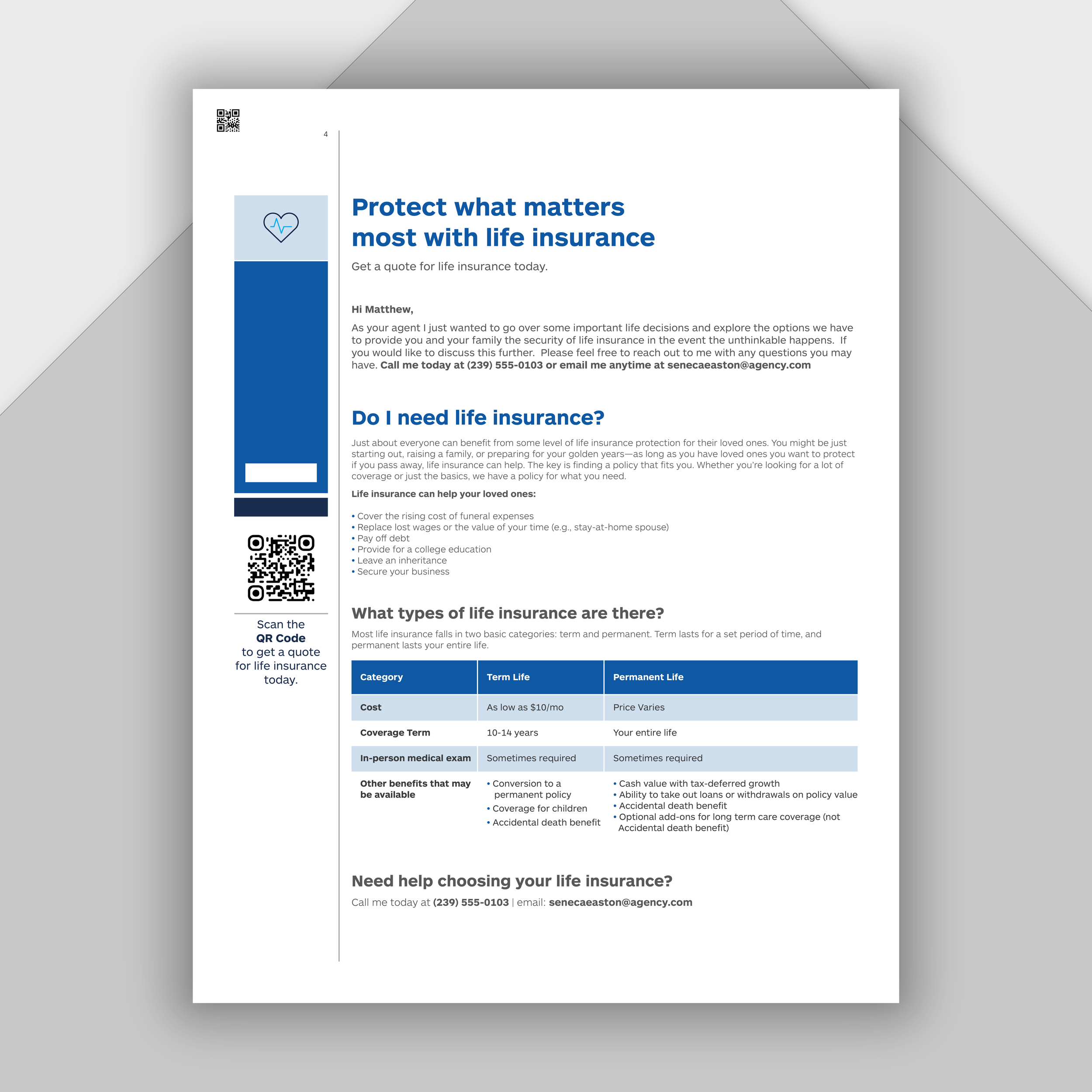 A flyer about life insurance with a blue heart icon at the top, a blue and white color scheme, includes a QR code on the left for quotes, and details about types of life insurance, coverage, and contact information for an insurance agent.