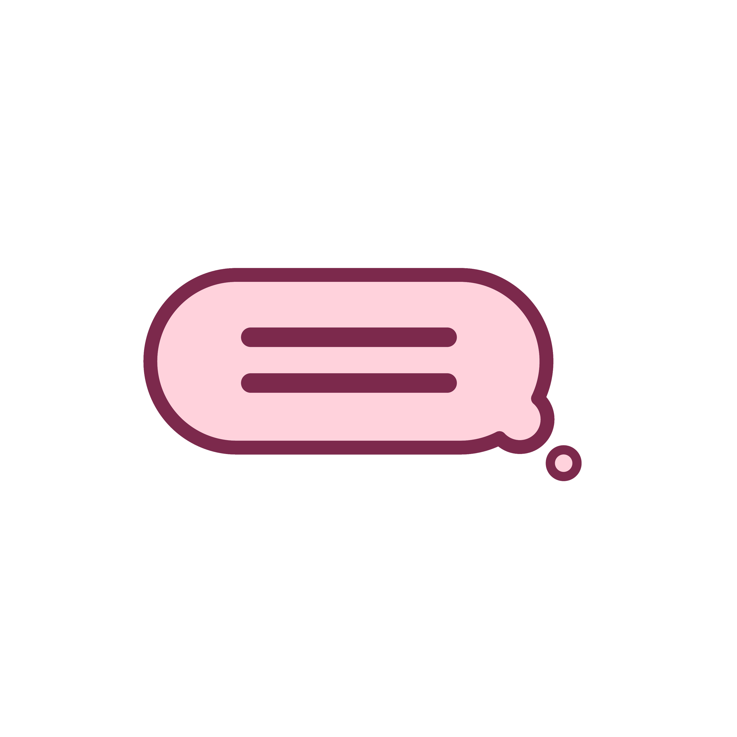 Pink speech bubble with three dark pink horizontal lines representing text, on a black background.