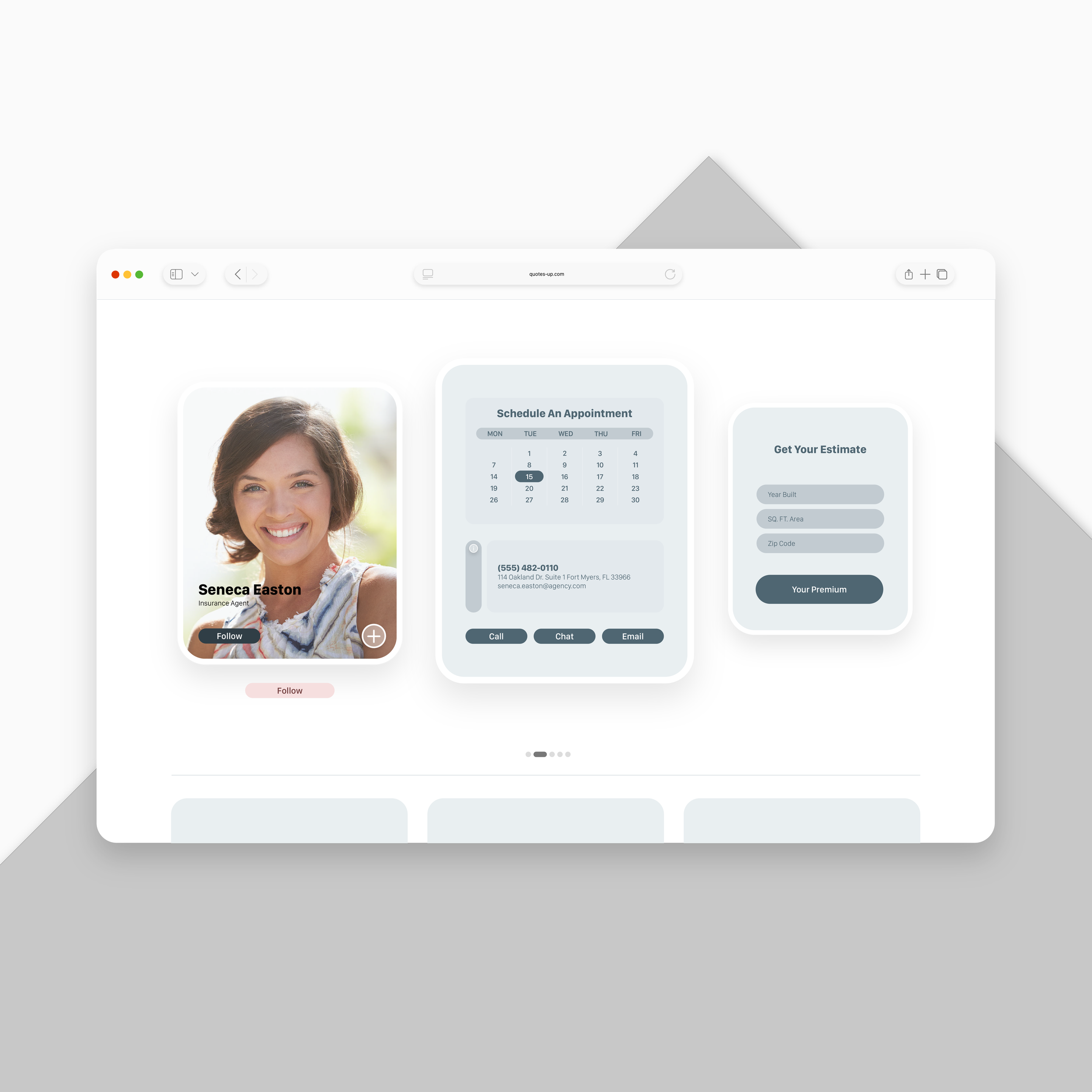 A web page interface showing a profile picture of a woman with short brown hair, smiling, labeled Seneca Easton, alongside appointment scheduling and estimate request sections.